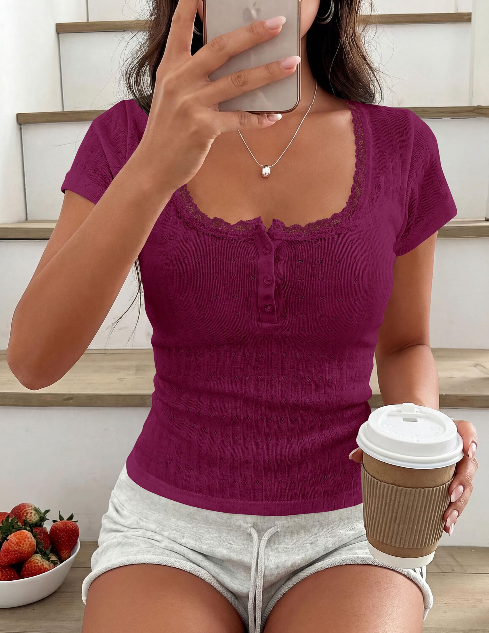 Womens Summer Lace Trim Short Sleeve Henley Top,Burgundy,S