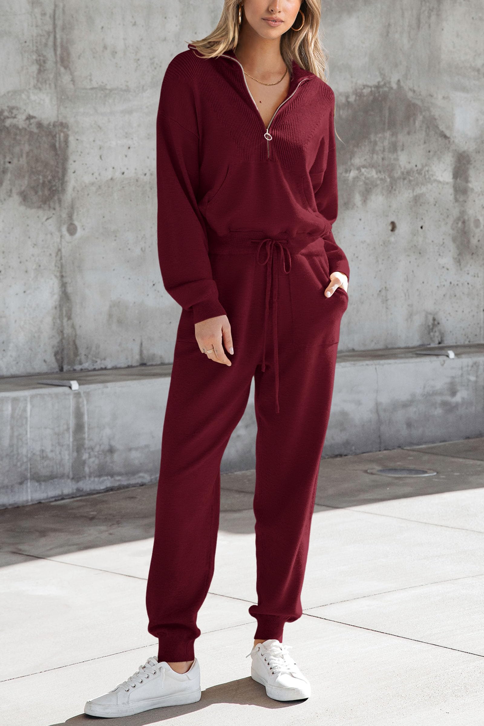Women's 2 Piece Sweatsuits Set Fall Outfits(Wine Red,S)