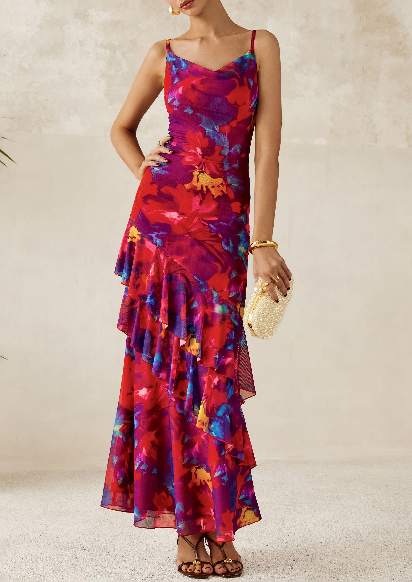 Women's Boho Floral Tiered Maxi Dress, Navy Red Big Floral,XS