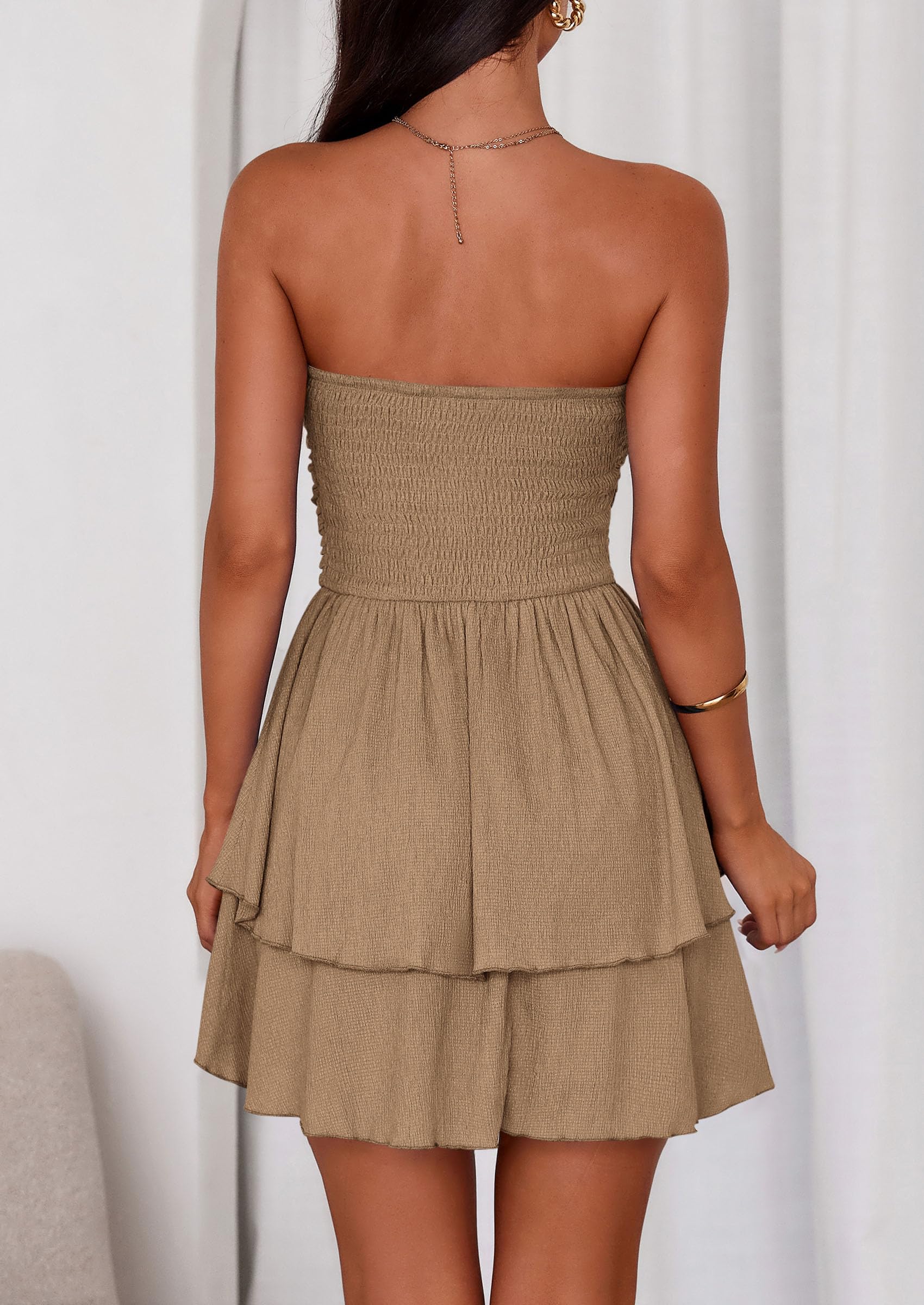 Women's Summer Strapless Flowy Mini Dresses (Khaki,S)