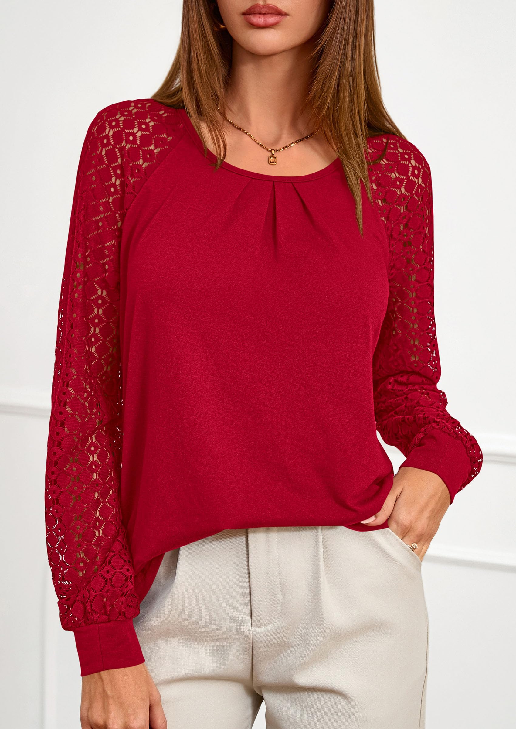 Women's Long Sleeve Shirts Fall Lace Tops,Red,S