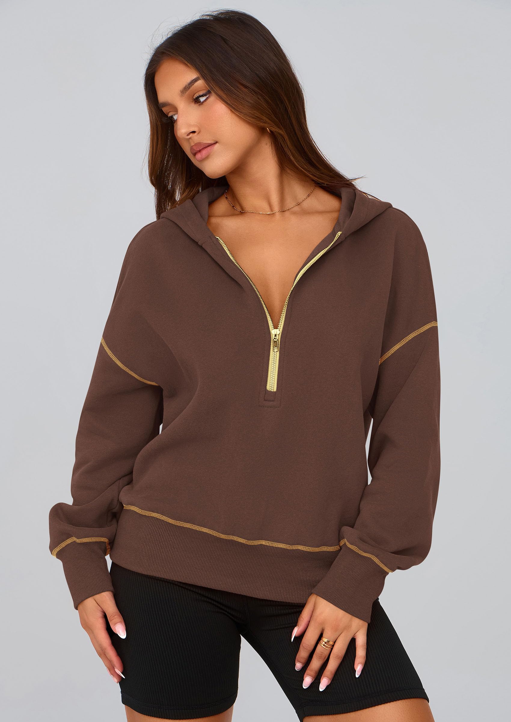 Women's Fall Half Zip Cropped Hoodie Sweatshirt Brown Coffee