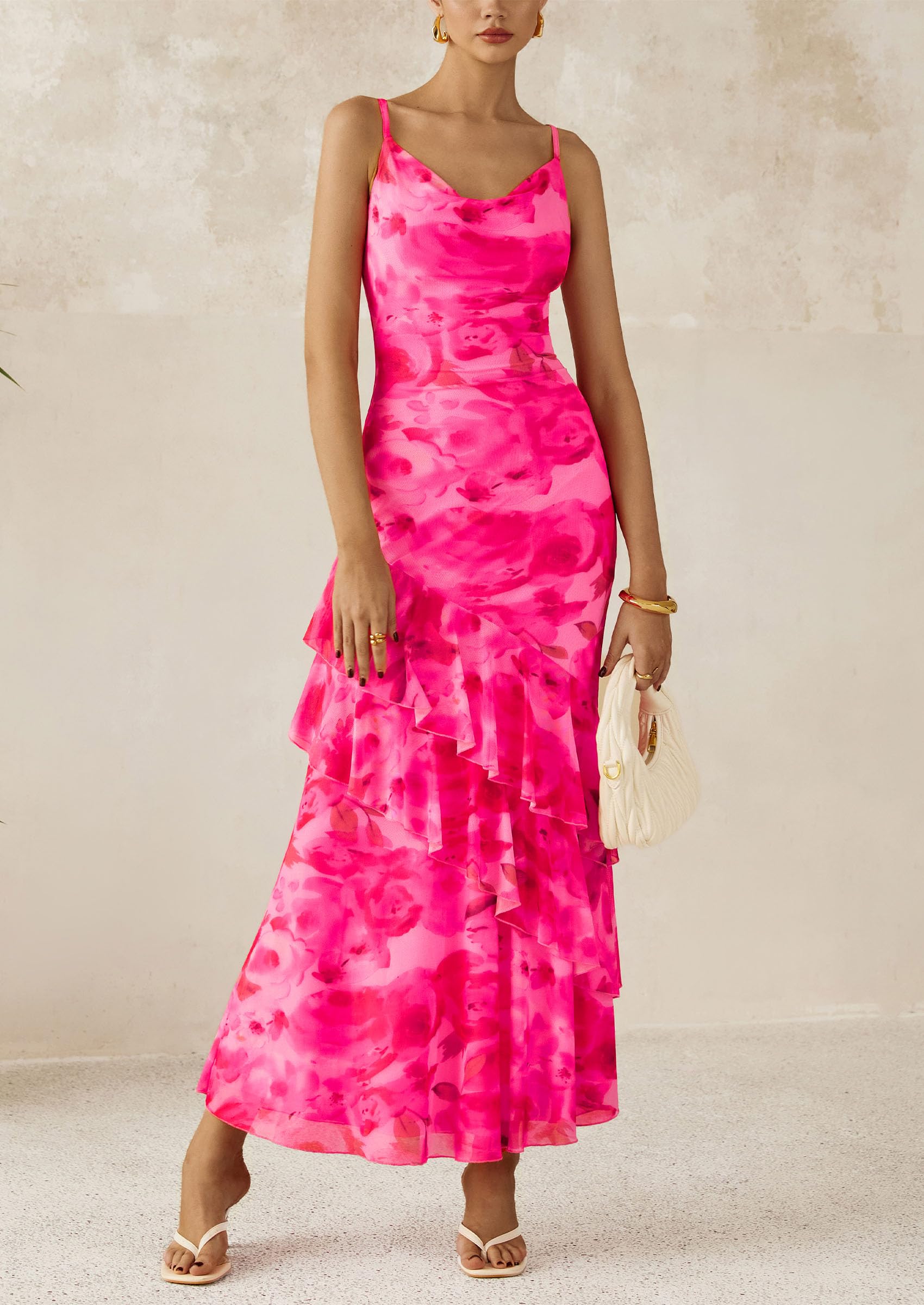 Women's Boho Floral Tiered Maxi Dress, Print Pink,M
