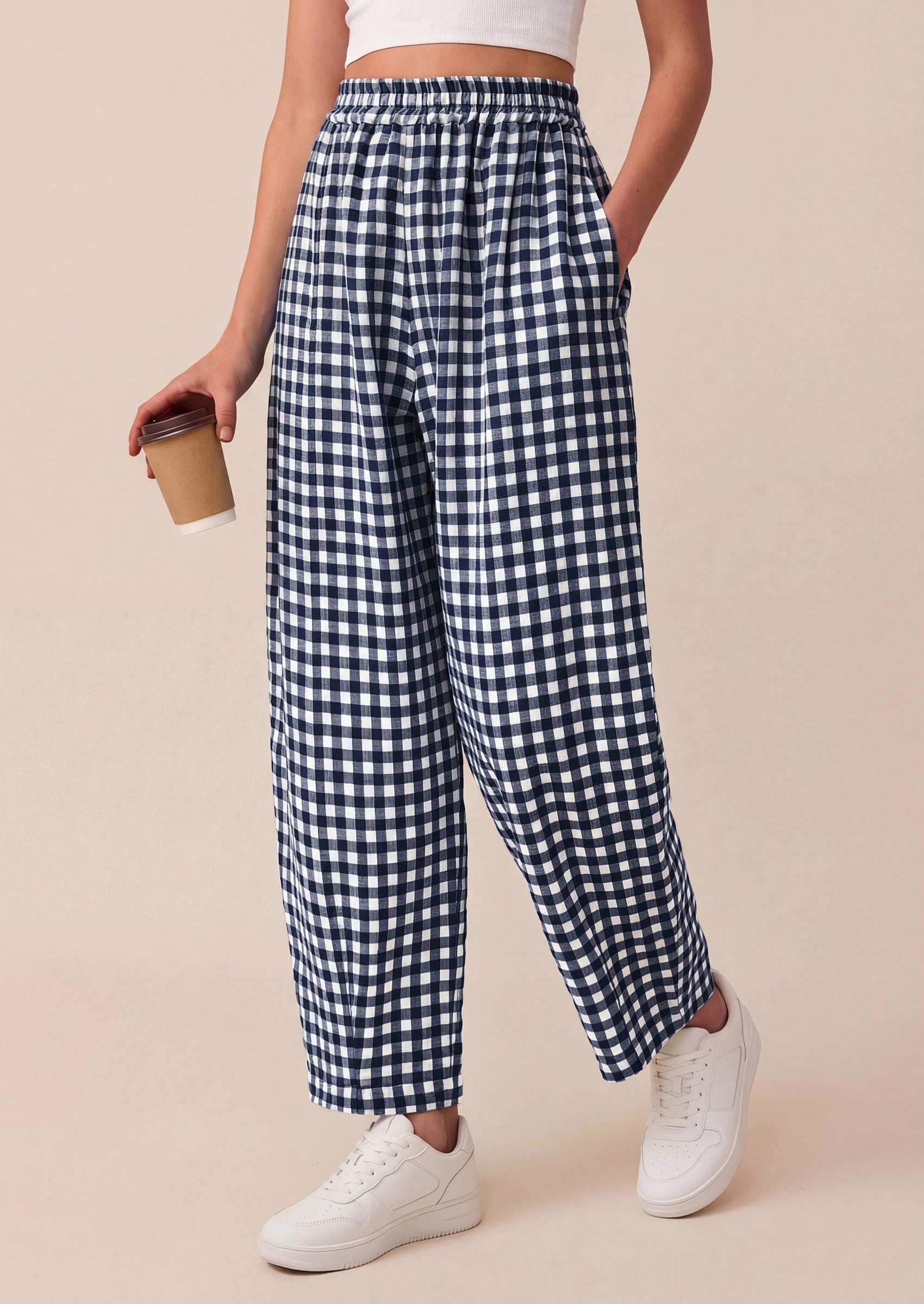 Plaid Barrel Pants Women Summer Bottoms, Navy Blue Plaid,S
