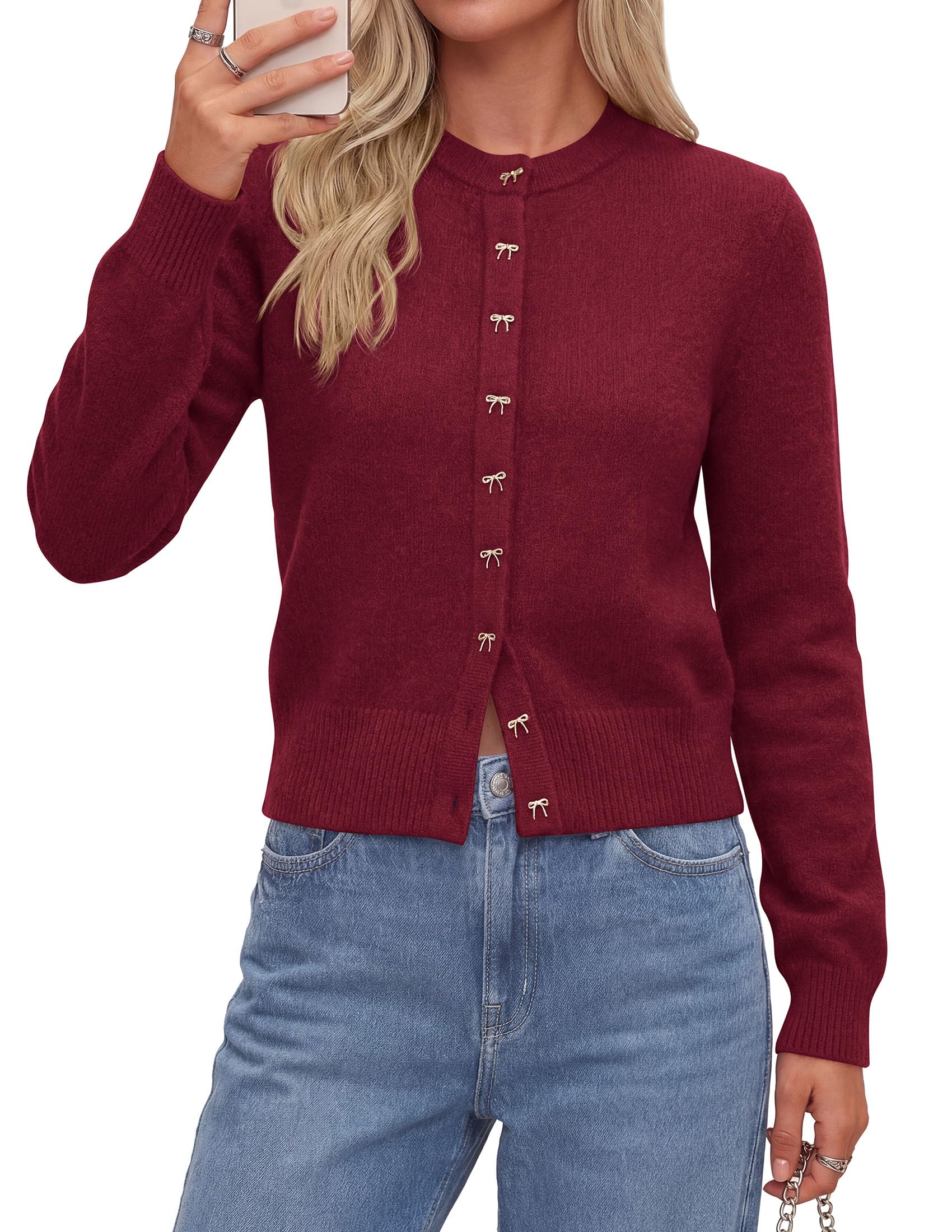 Cardigan Sweaters for Women Cropped Bow Button Up Cardigan
