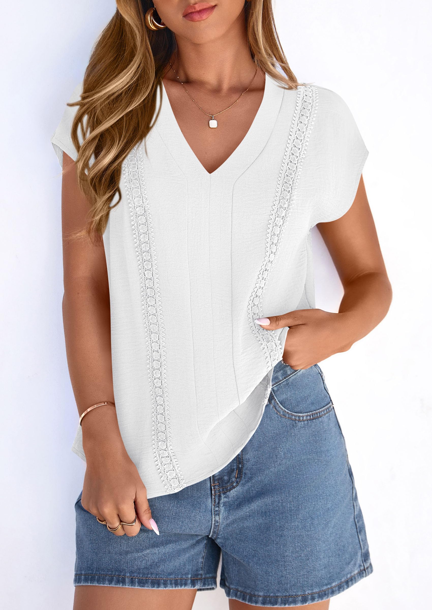 Blouses for Women Dressy Casual Spring 2026 Cap Sleeve V Neck Lace Trim Boho Tops Work Shirts Summer Clothes (White,Small)