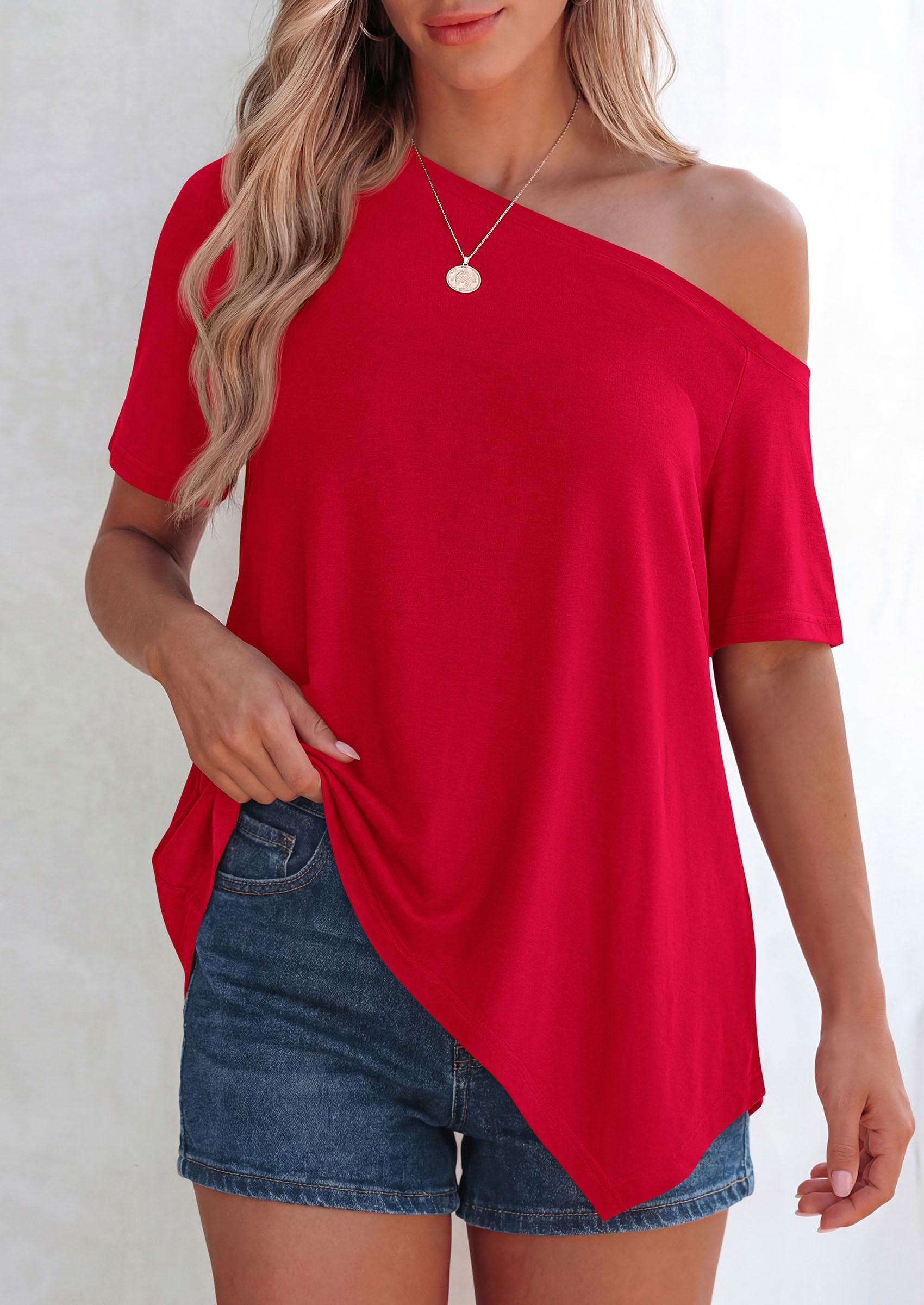 Off Shoulder Tops for Women Oversized Tshirts, Red,S