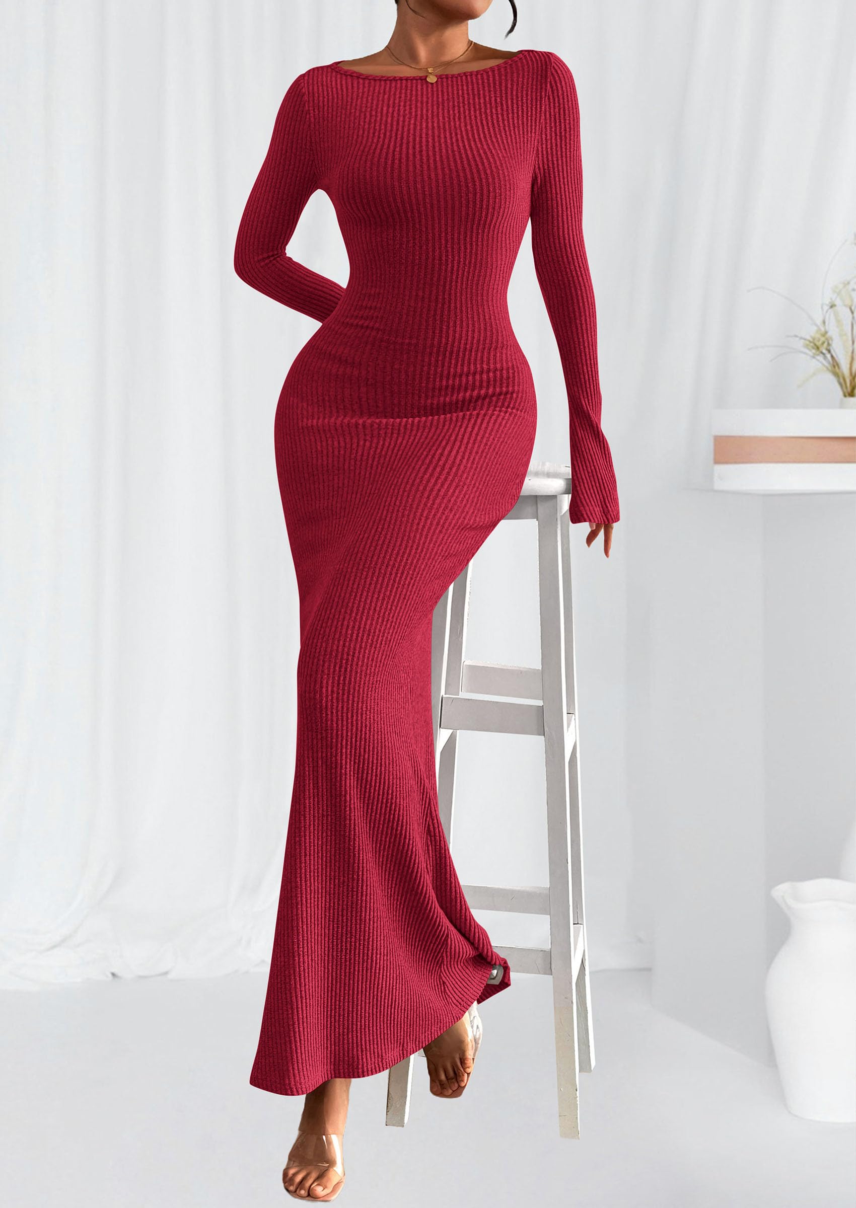 Women's Fall Long Sleeve Bodycon Maxi Dresses (Red,XS)