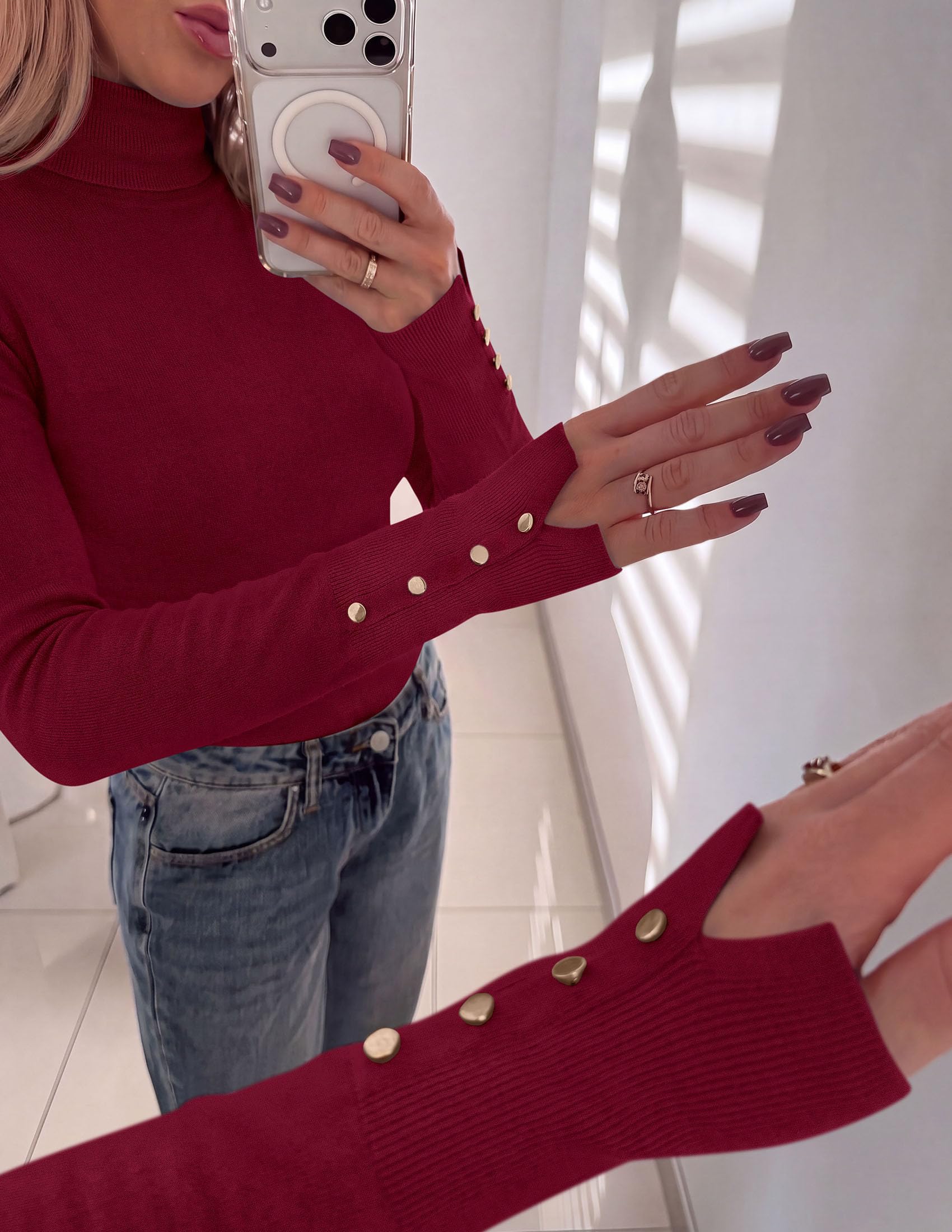 Women Turtleneck Sweaters Fall Long Sleeve Tops,Burgundy,S