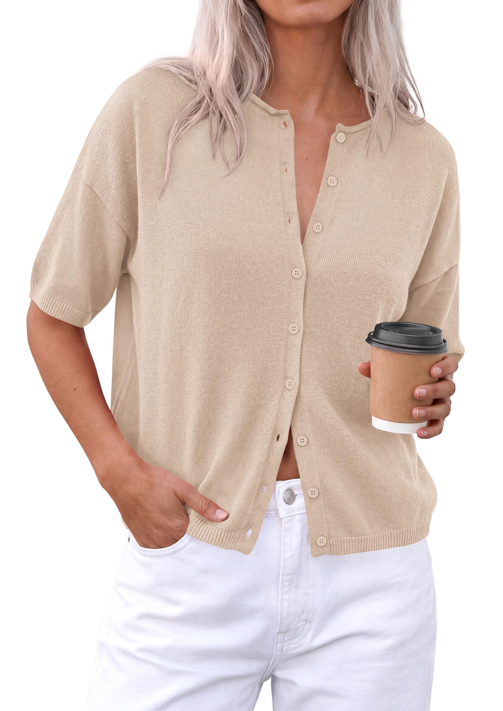 Women's Short Sleeve Cardigan Sweaters (Light Khaki,Small)