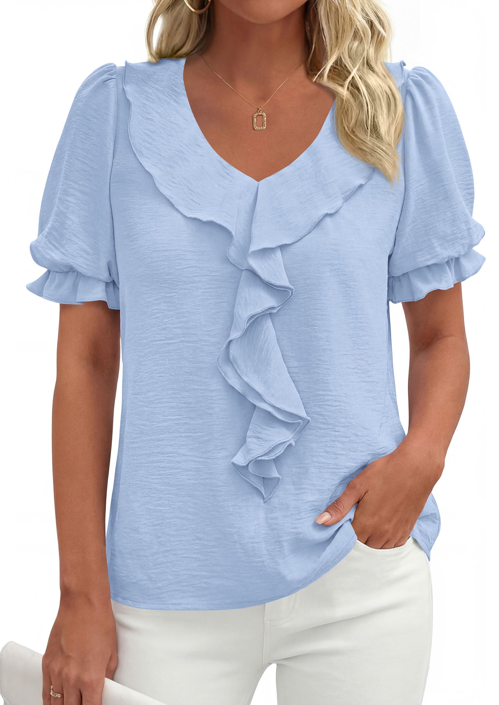 Women's Summer Ruffle Dressy Casual Blouses (Light Blue,S)