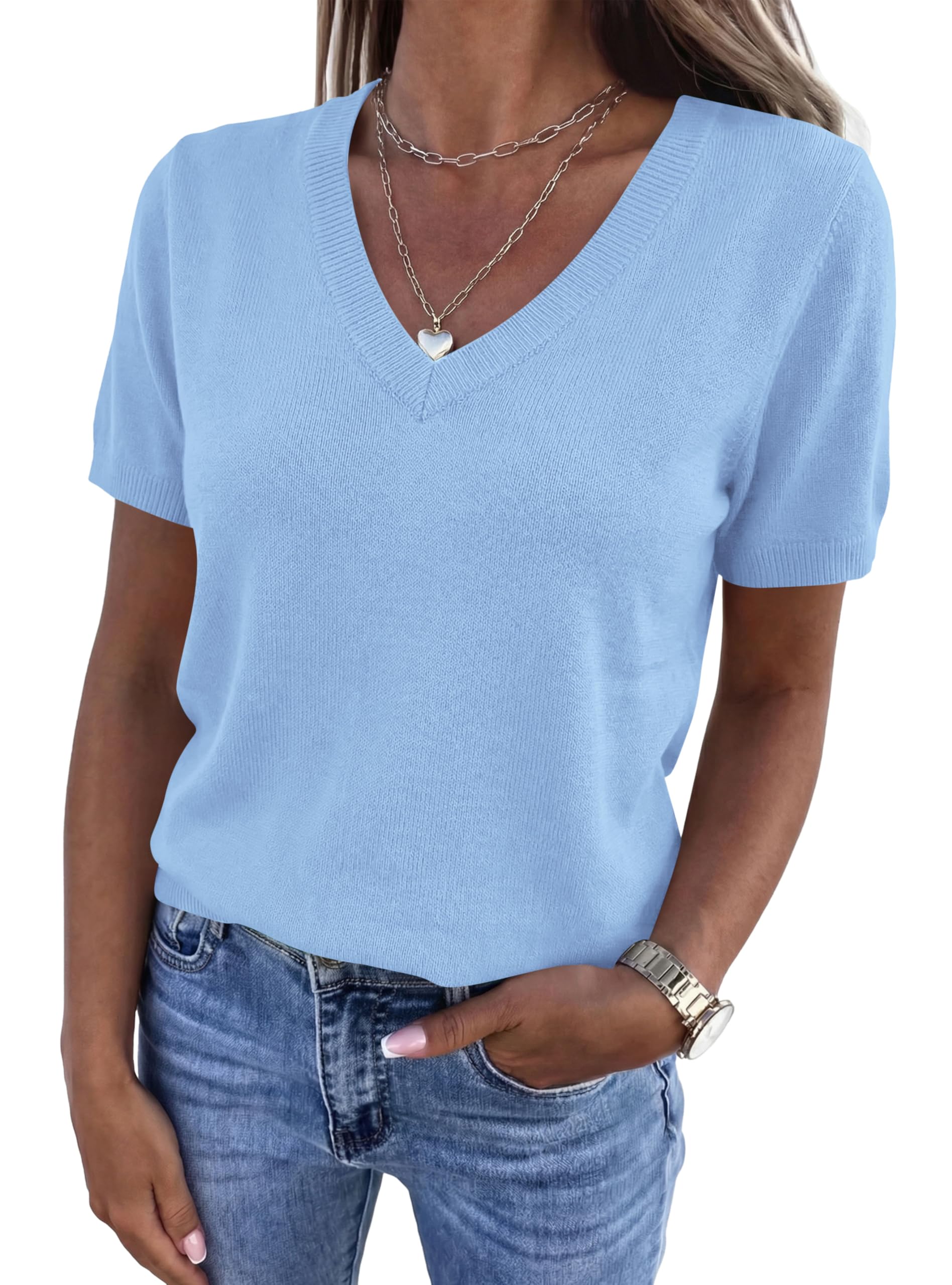 Womens Short Sleeve Sweater V Neck Tops,Light Blue,S