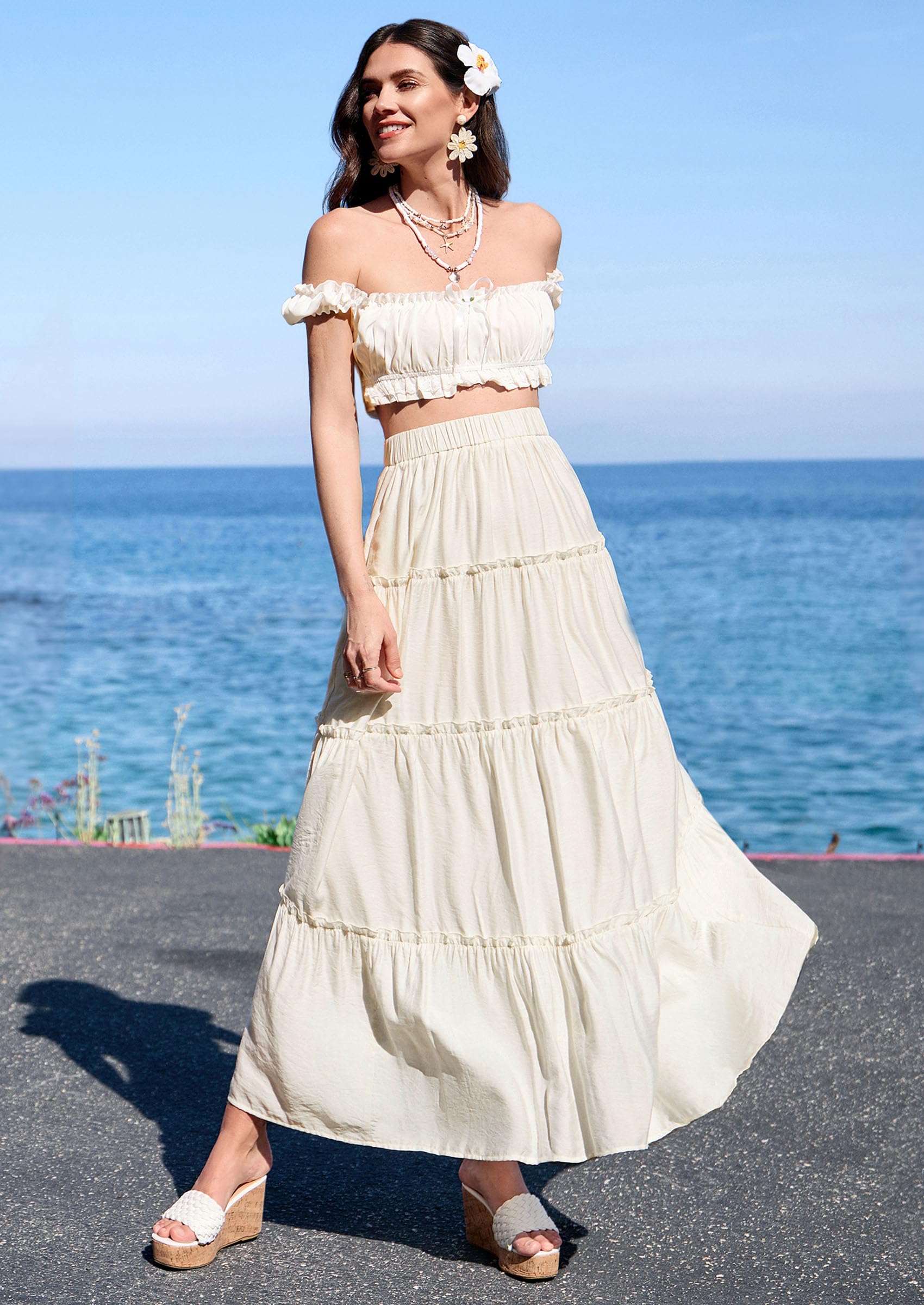 Women's Boho Tiered Ruffle Flowy Maxi Skirt, Beige,S