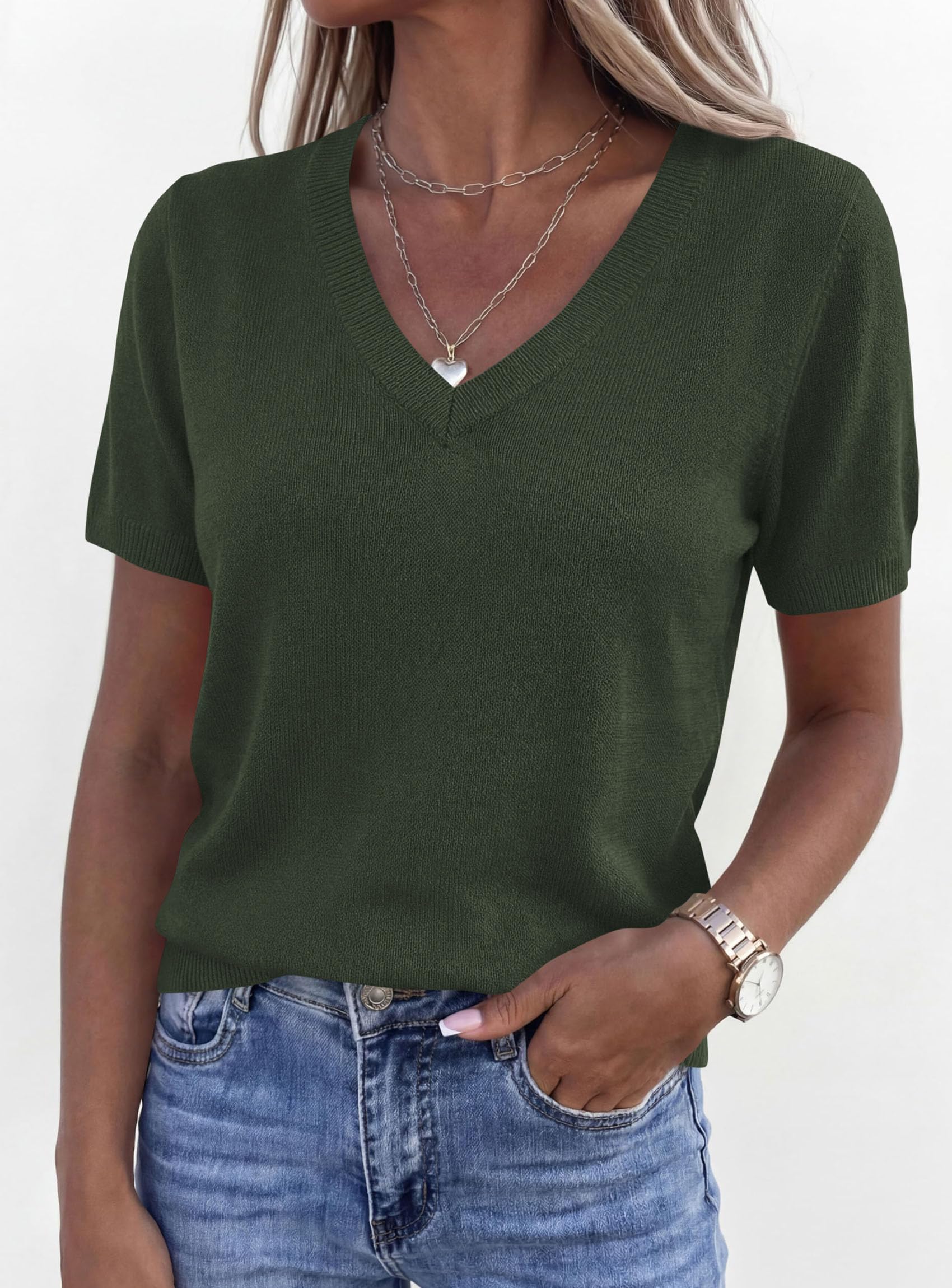 Womens Short Sleeve Sweater V Neck Tops,Army Green,S