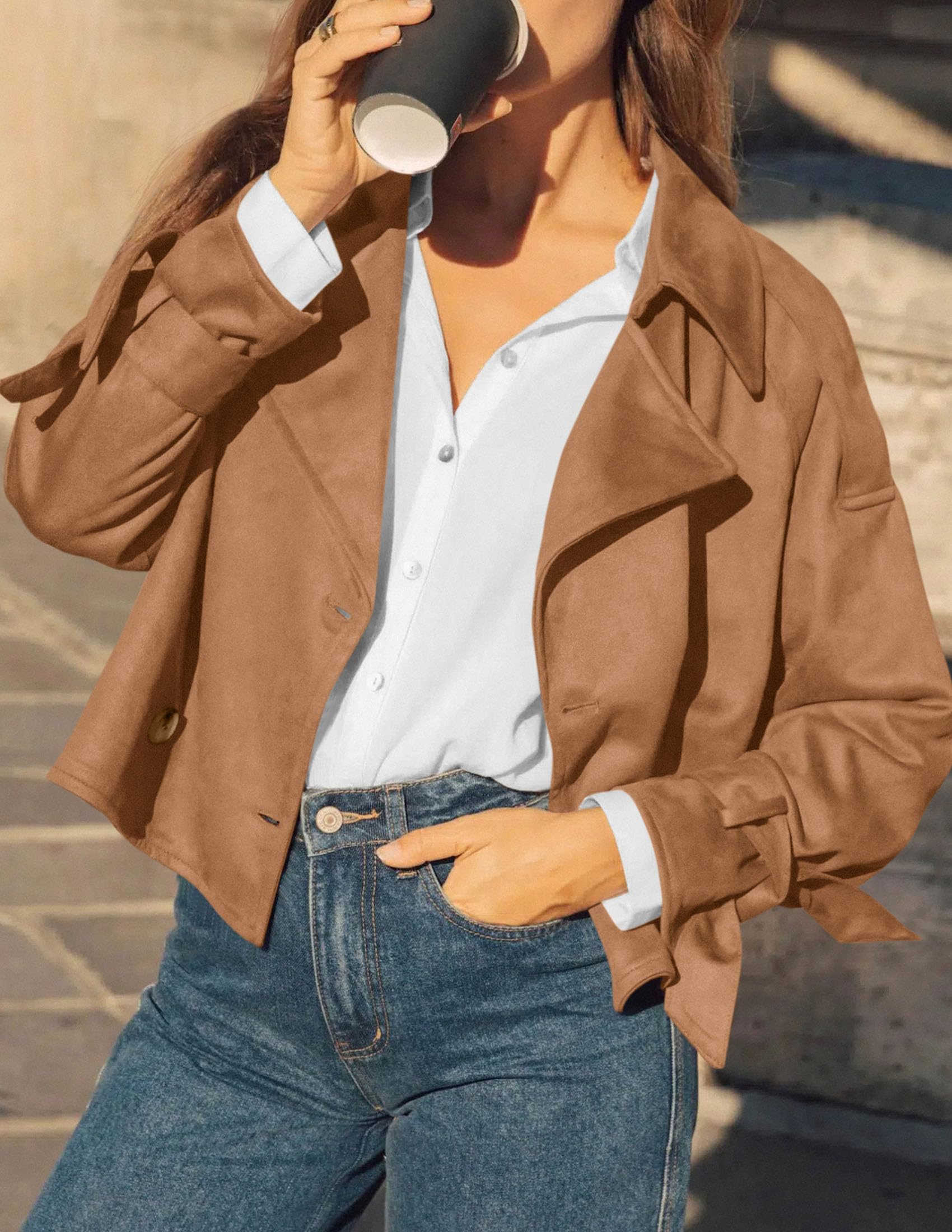 Women Faux Suede Double Breasted Trench Coat Cropped Jackets