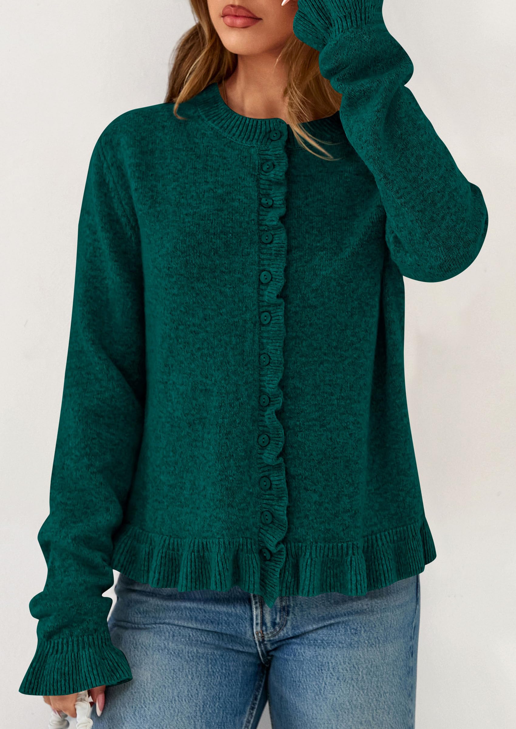 Womens Ruffle Button Down Cardigan Sweaters,Dark Green,S
