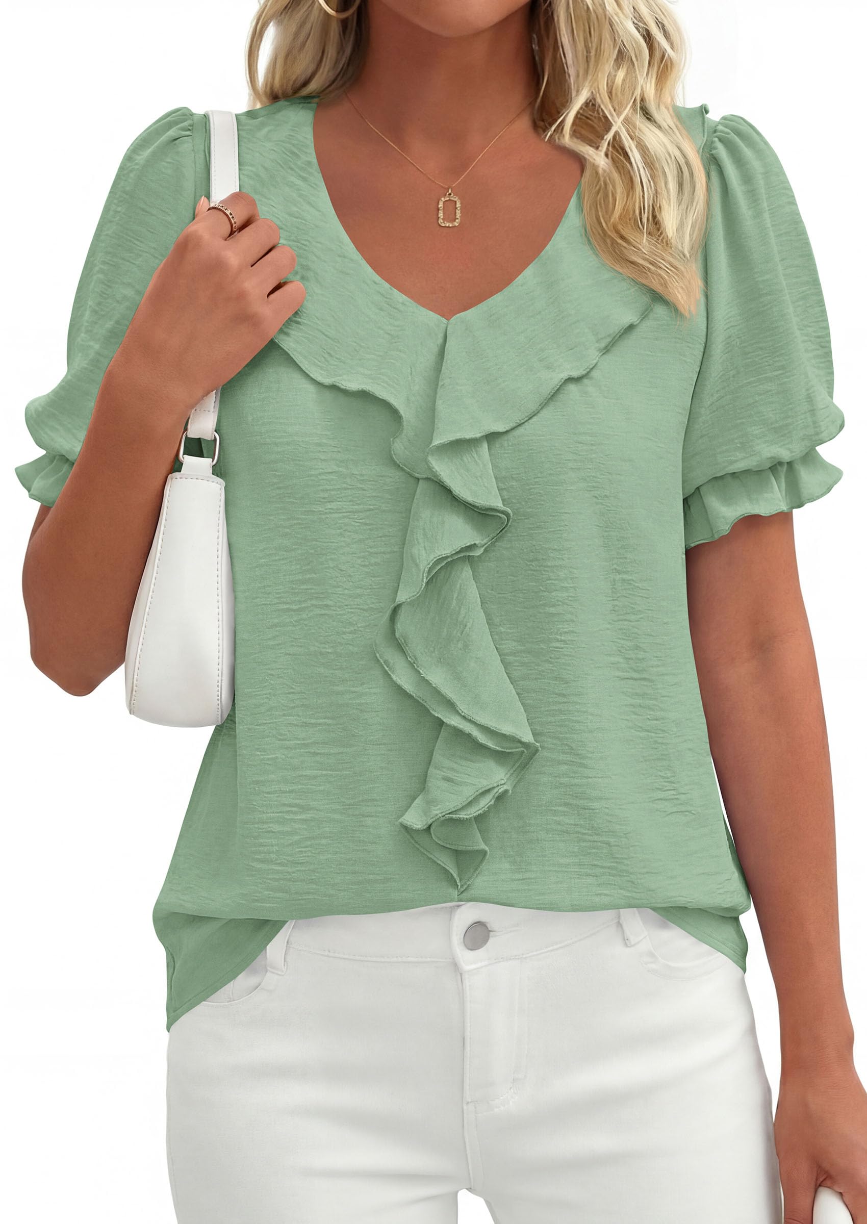 Women's Summer Ruffle Dressy Casual Blouses (Light Green,S)