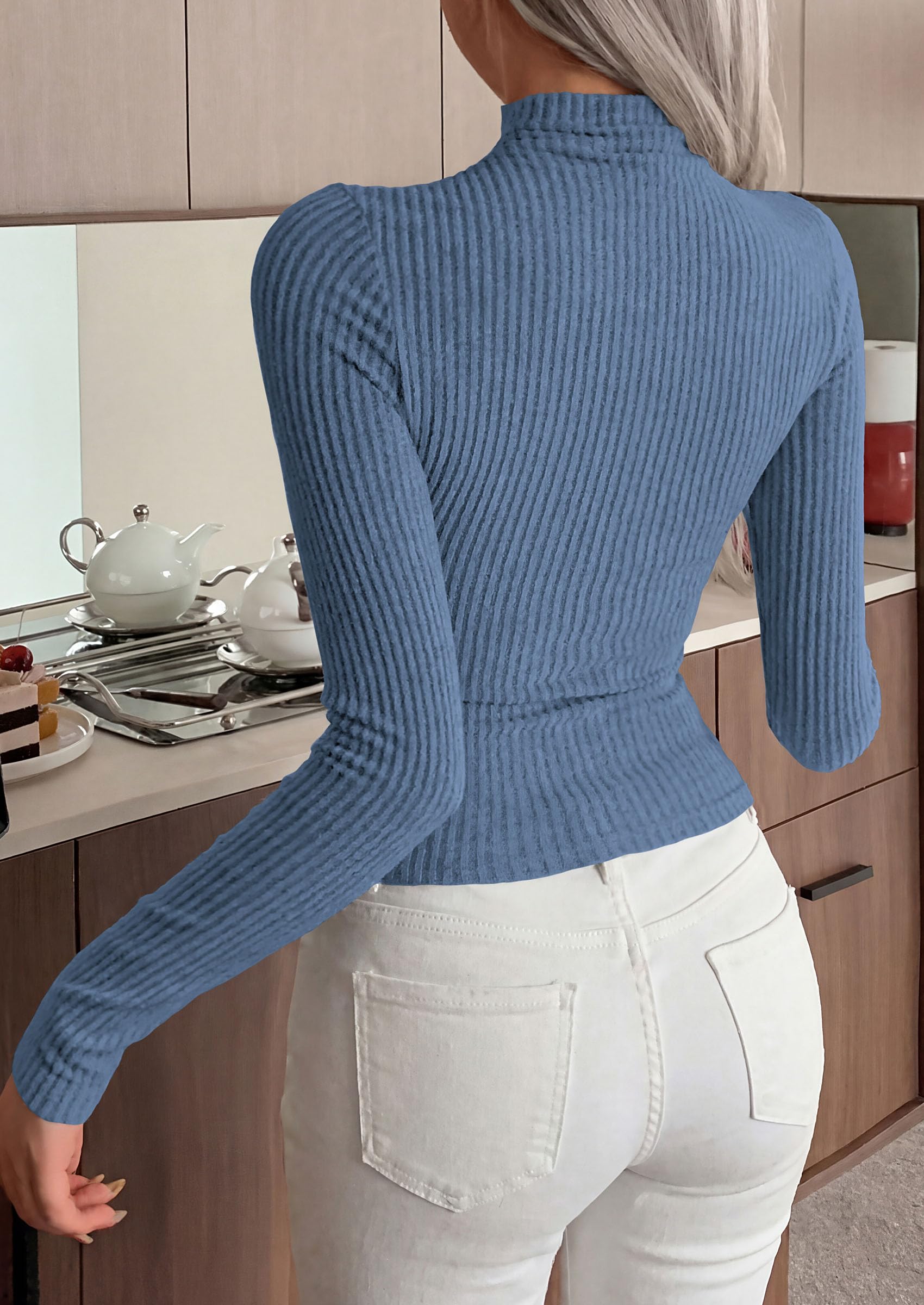Long Sleeve Shirts for Women Fall Ribbed Mock Turtleneck Tops