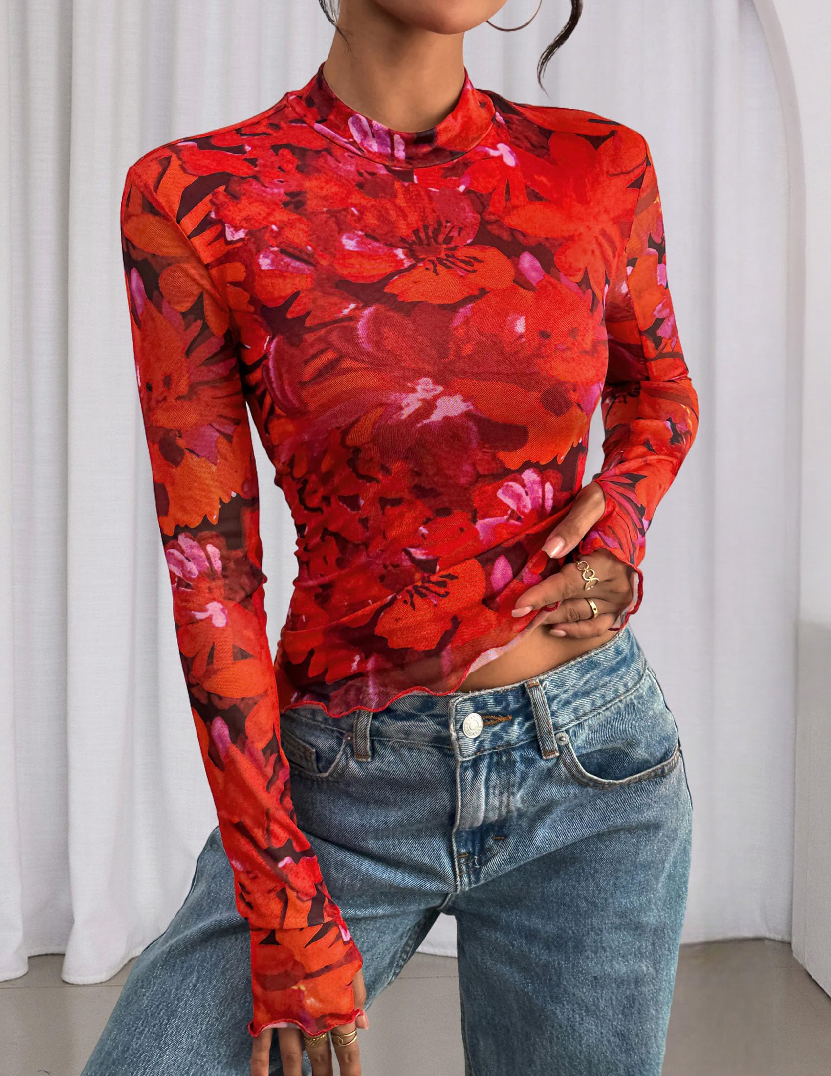 Womens Floral Mesh Long Sleeve Tops Fall Slim Fitted Shirts