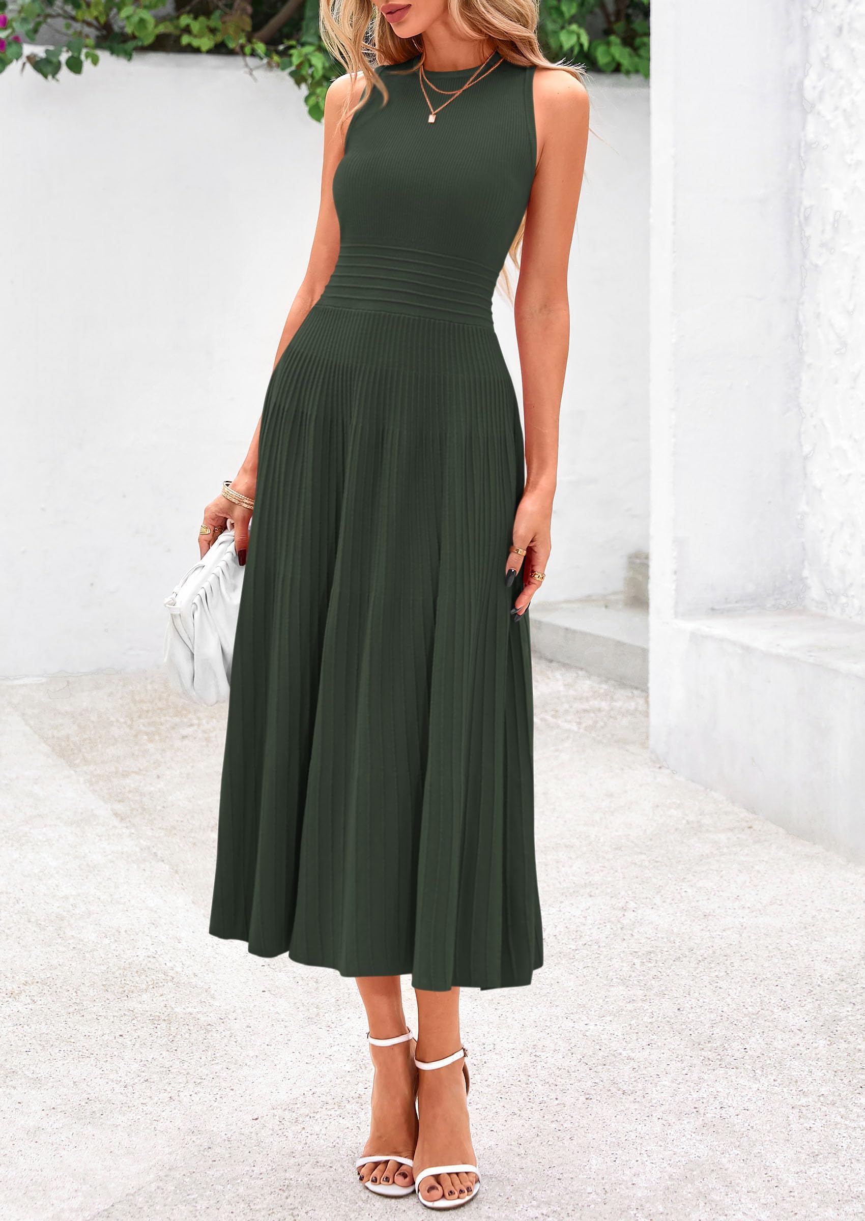 Women's Summer Pleated Midi Work Dress,Army Green,S