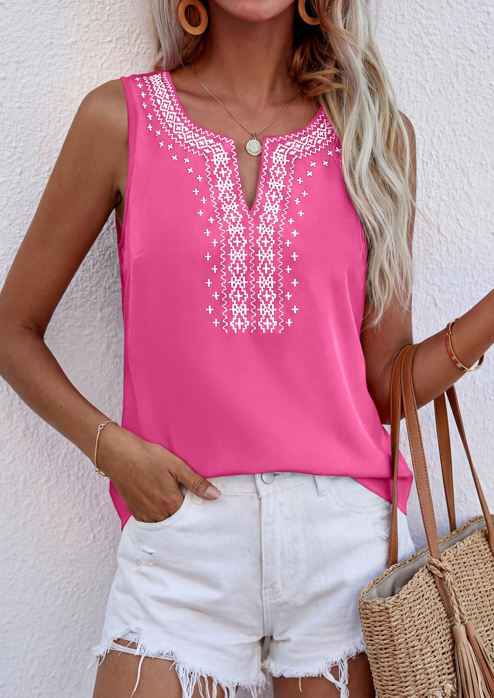 Womens Embroidered Sleeveless Tank Tops Rose Pink,S