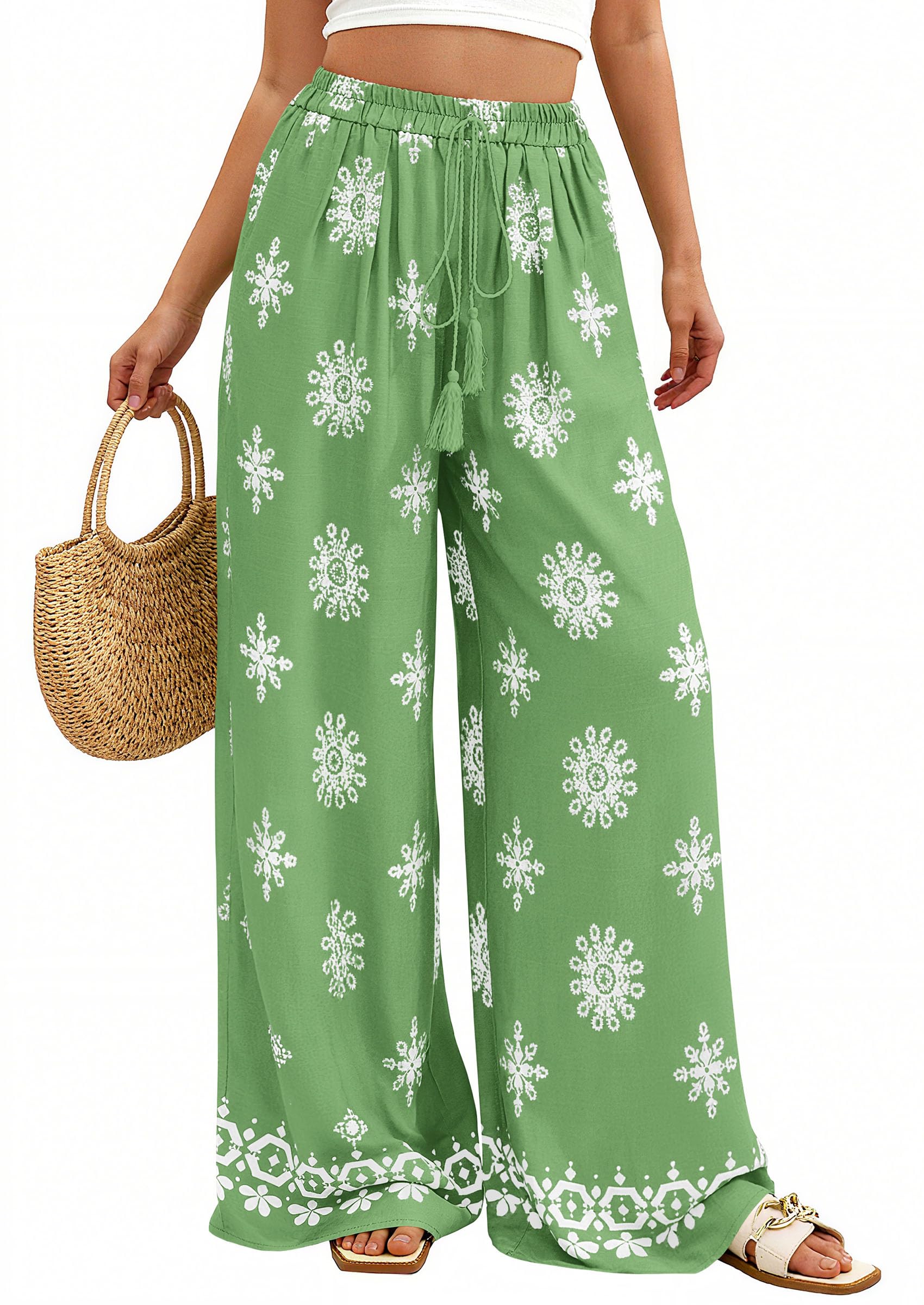 Wide Leg Flowy Boho Pants for Women, Light Green,S