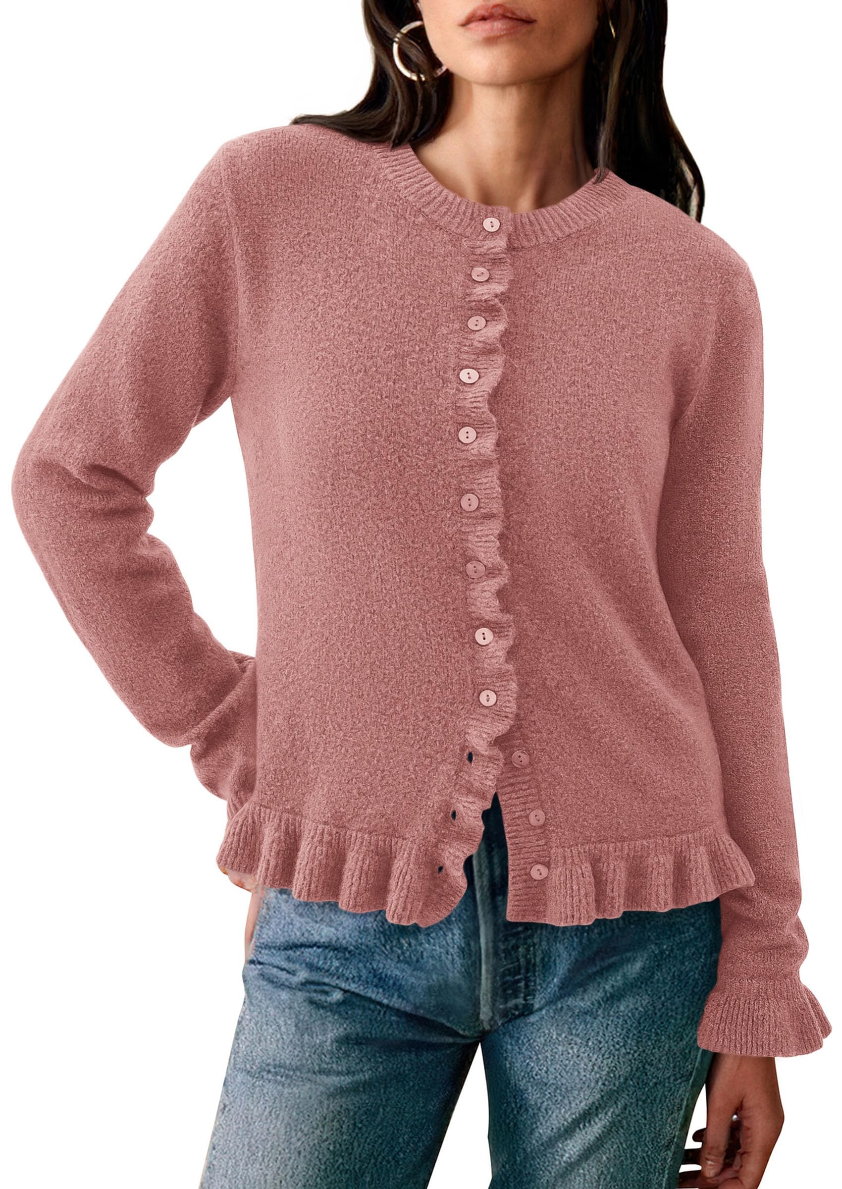 Womens Ruffle Button Down Cardigan Sweaters,Grey Pink,S