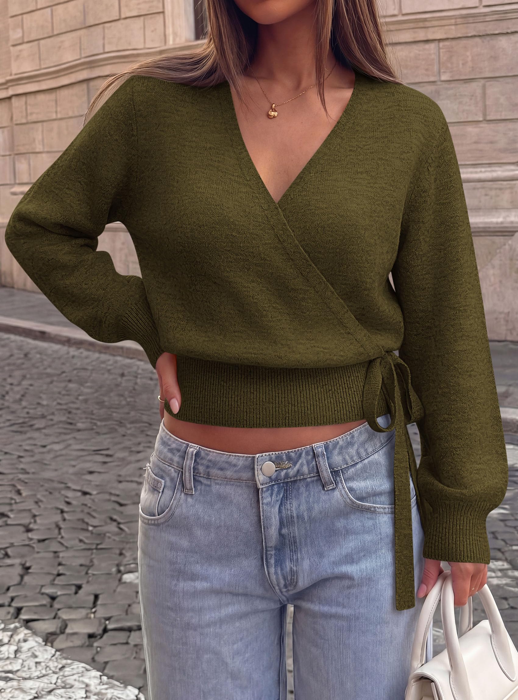 V Neck Wrap Sweaters for Women Fall Outifts Pullover
