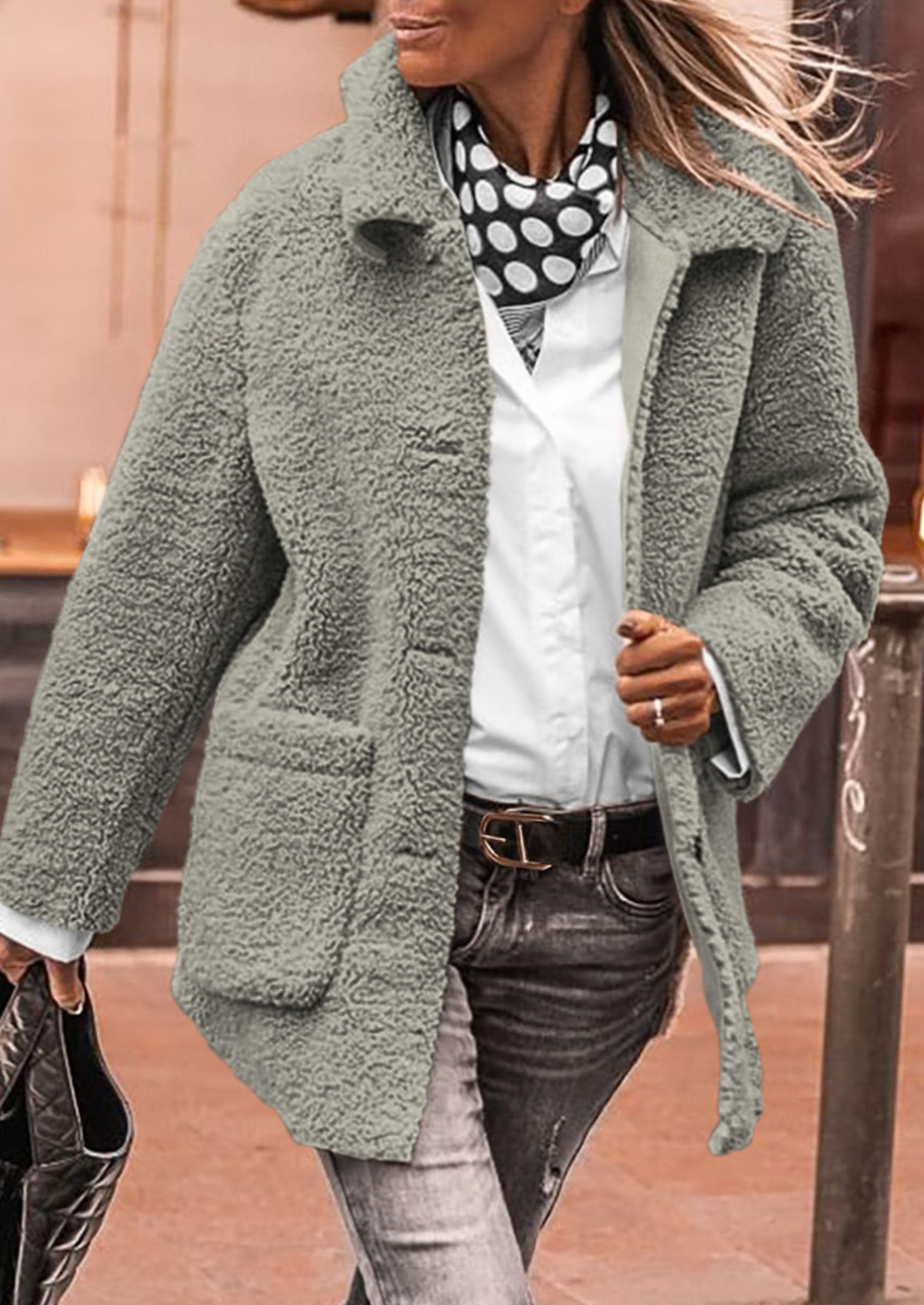 Women's Fleece Sherpa Coats Winter Outfits Grey,S