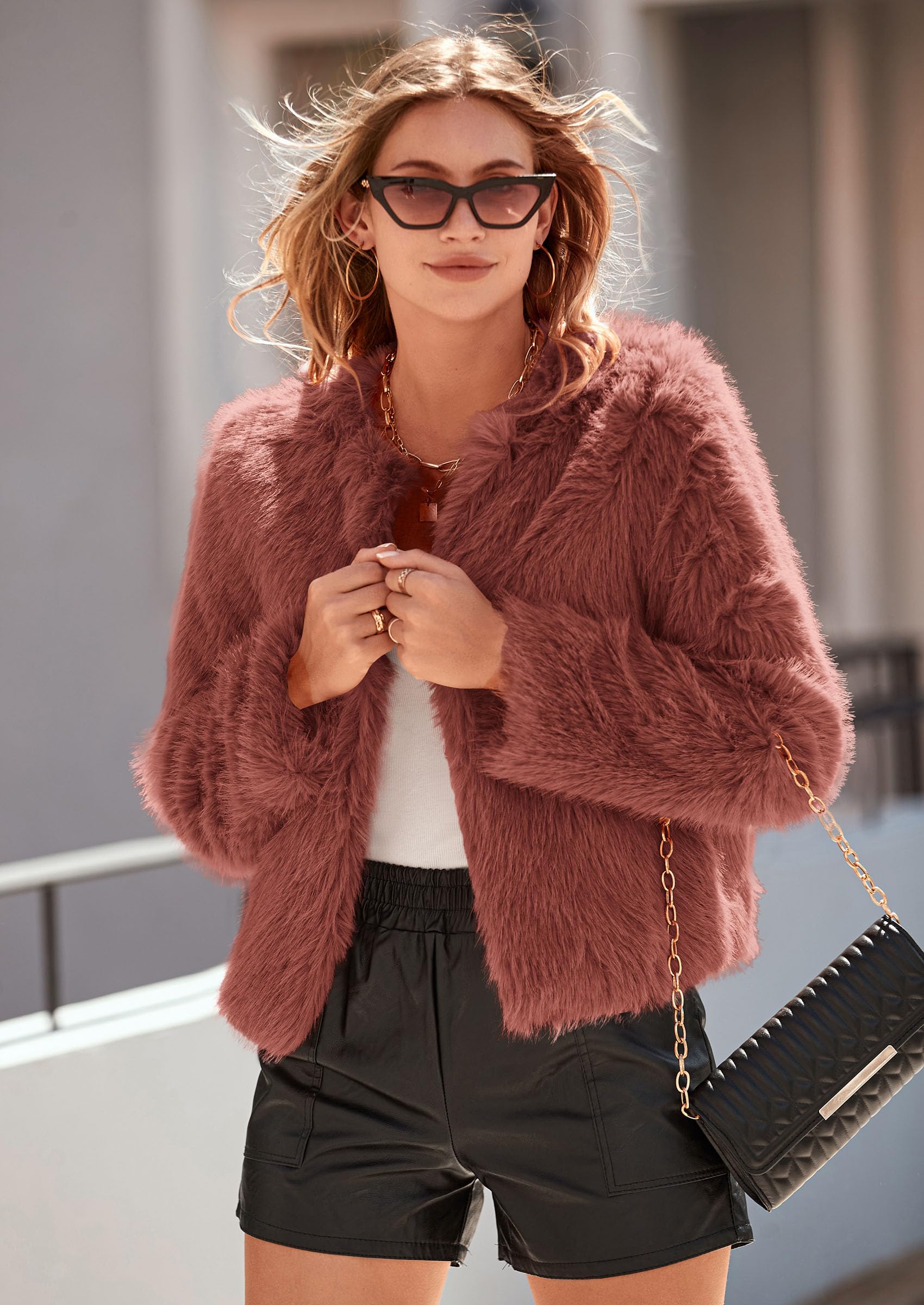 Women's Winter Cropped Faux Fur Coats(Rust Red,Small)