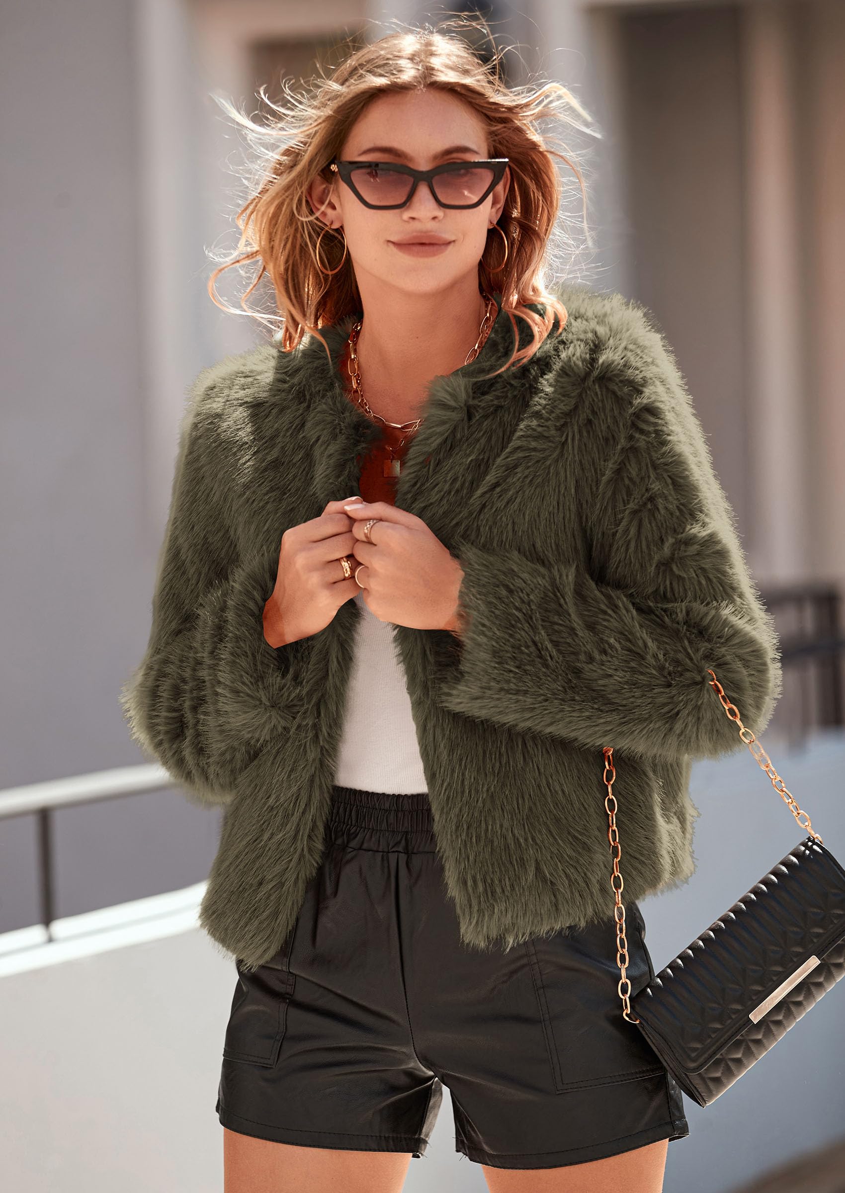 Women's Winter Cropped Faux Fur Coats(Army Green,Small)