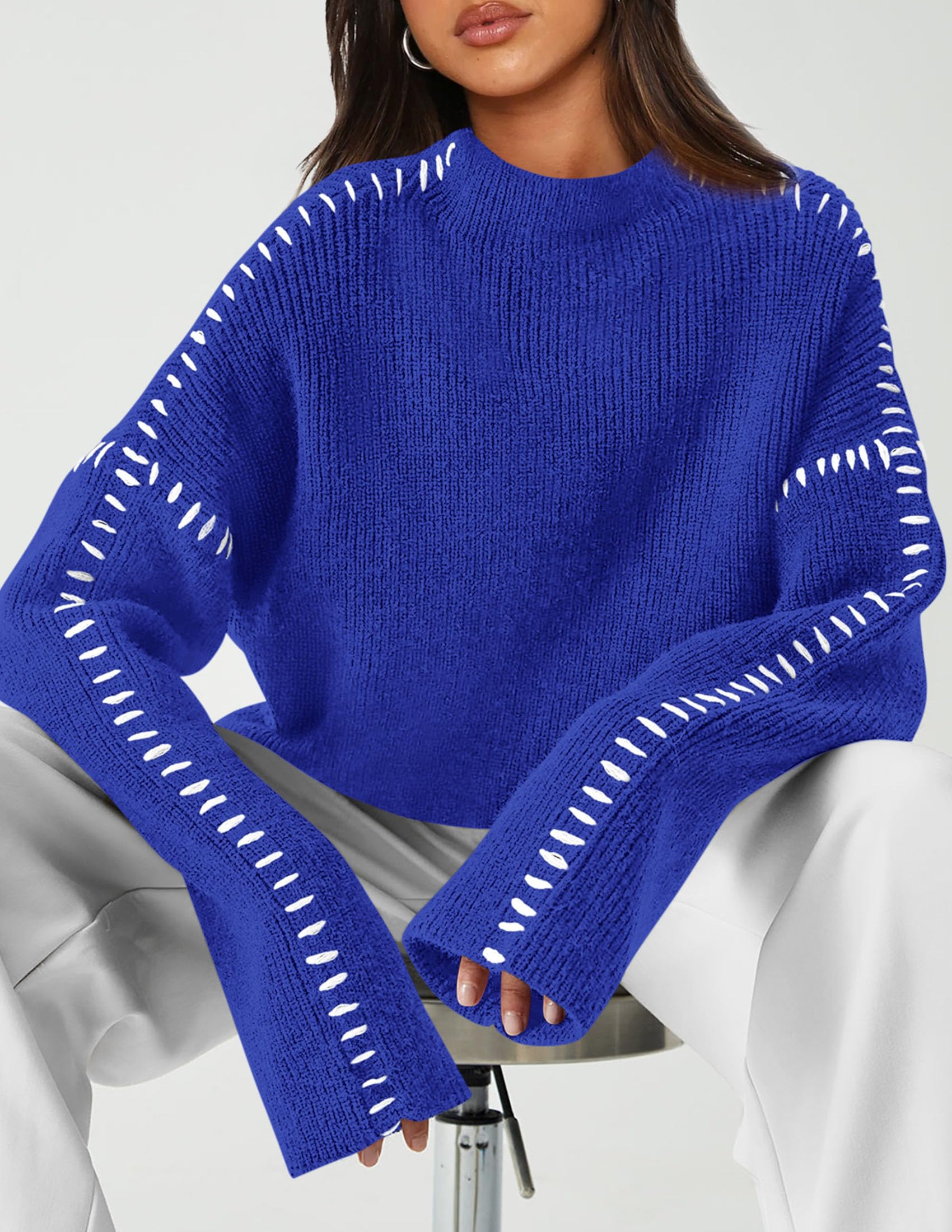 Womens Chunky Knit Oversized Pullover Sweaters,Royal Blue,S