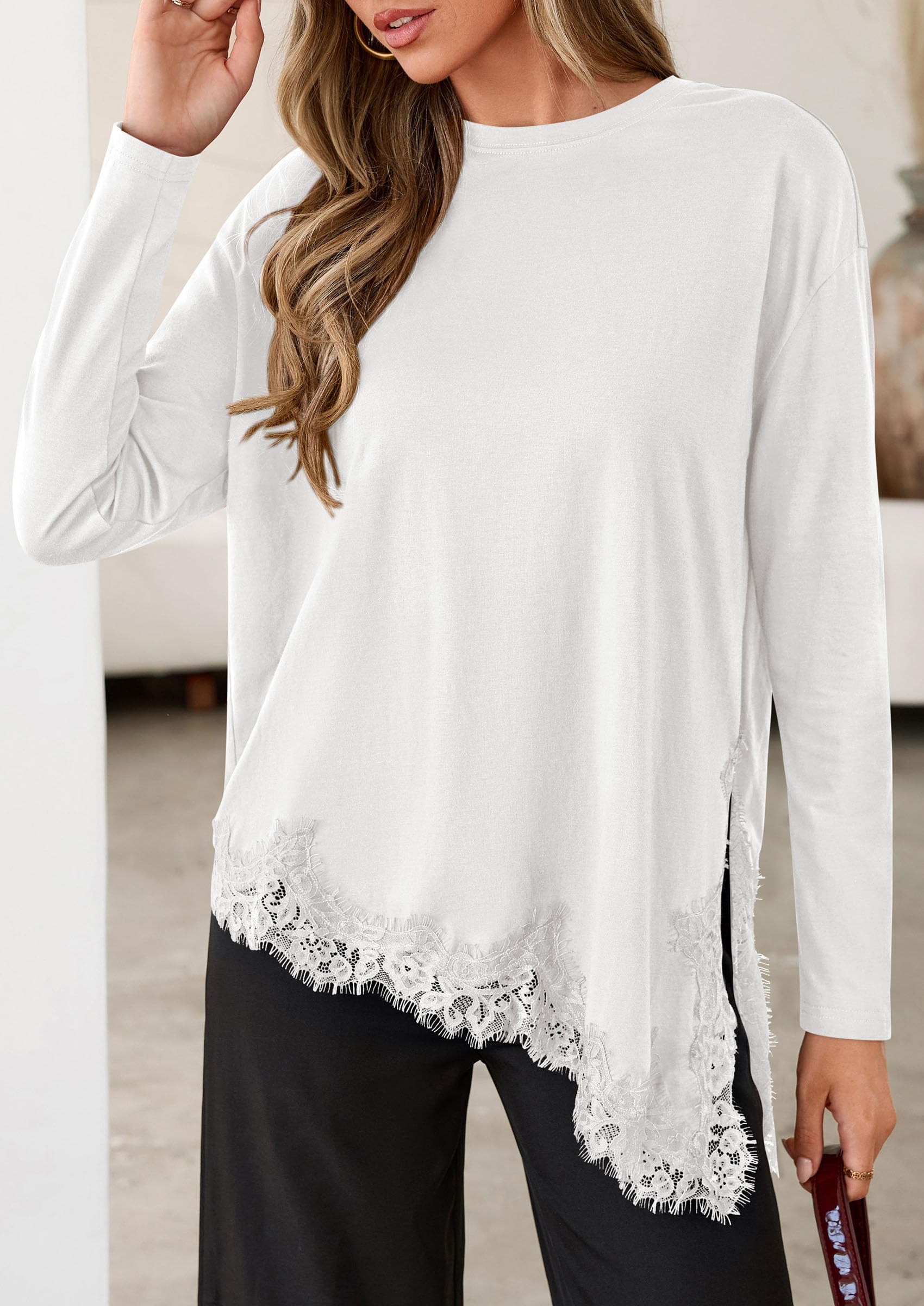 Women's Long Sleeve Asymmetrical Lace Tops Oversized Tshirts