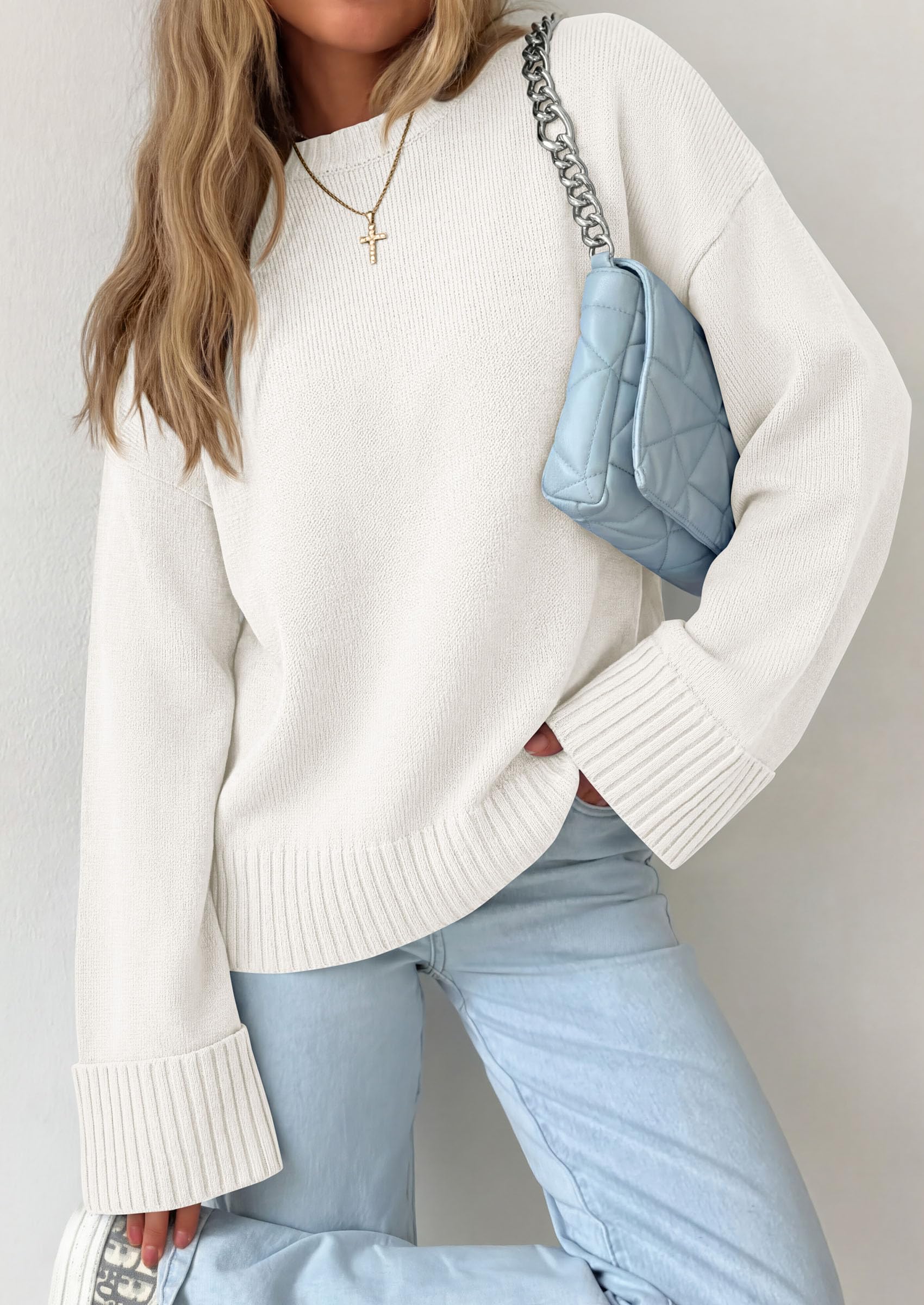 Oversized Sweater Women's Crewneck Long Sleeve Tops White
