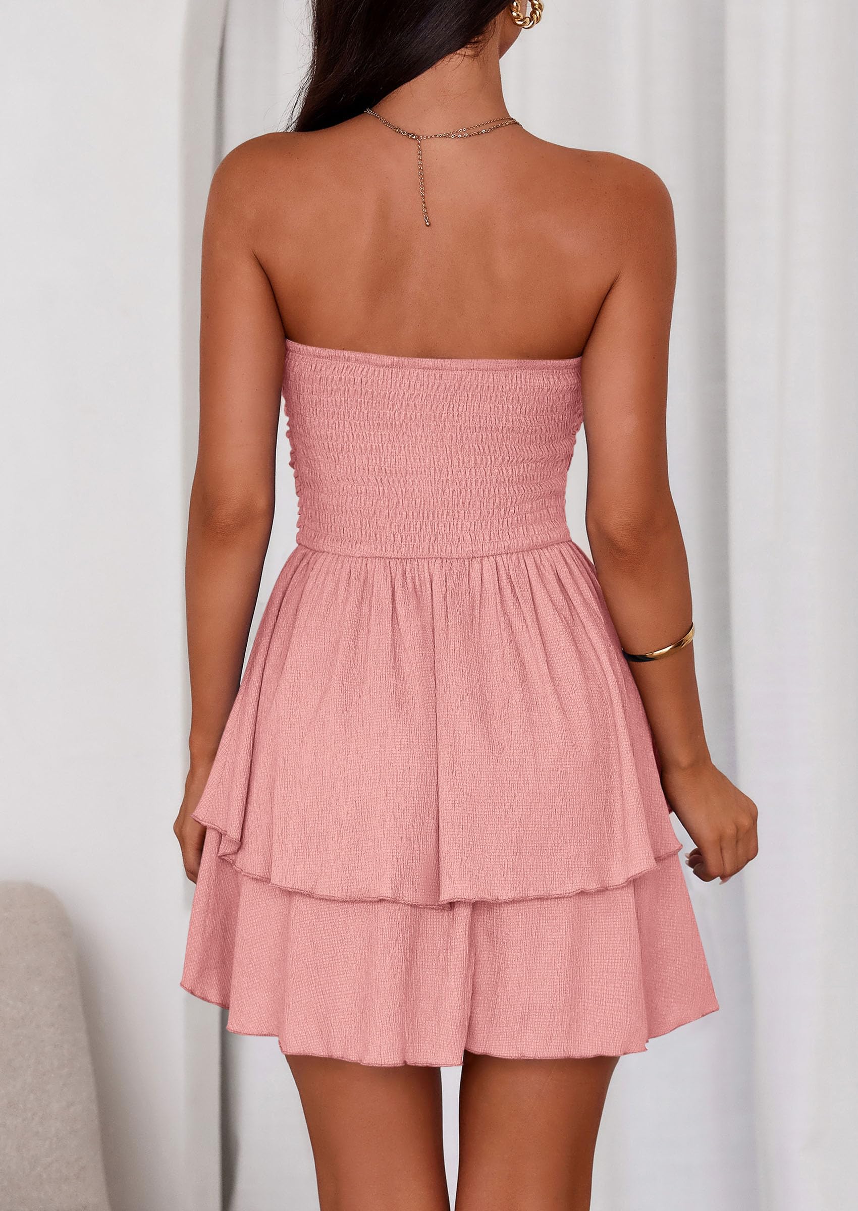 Women's Summer Strapless Flowy Mini Dresses (Pink,S)
