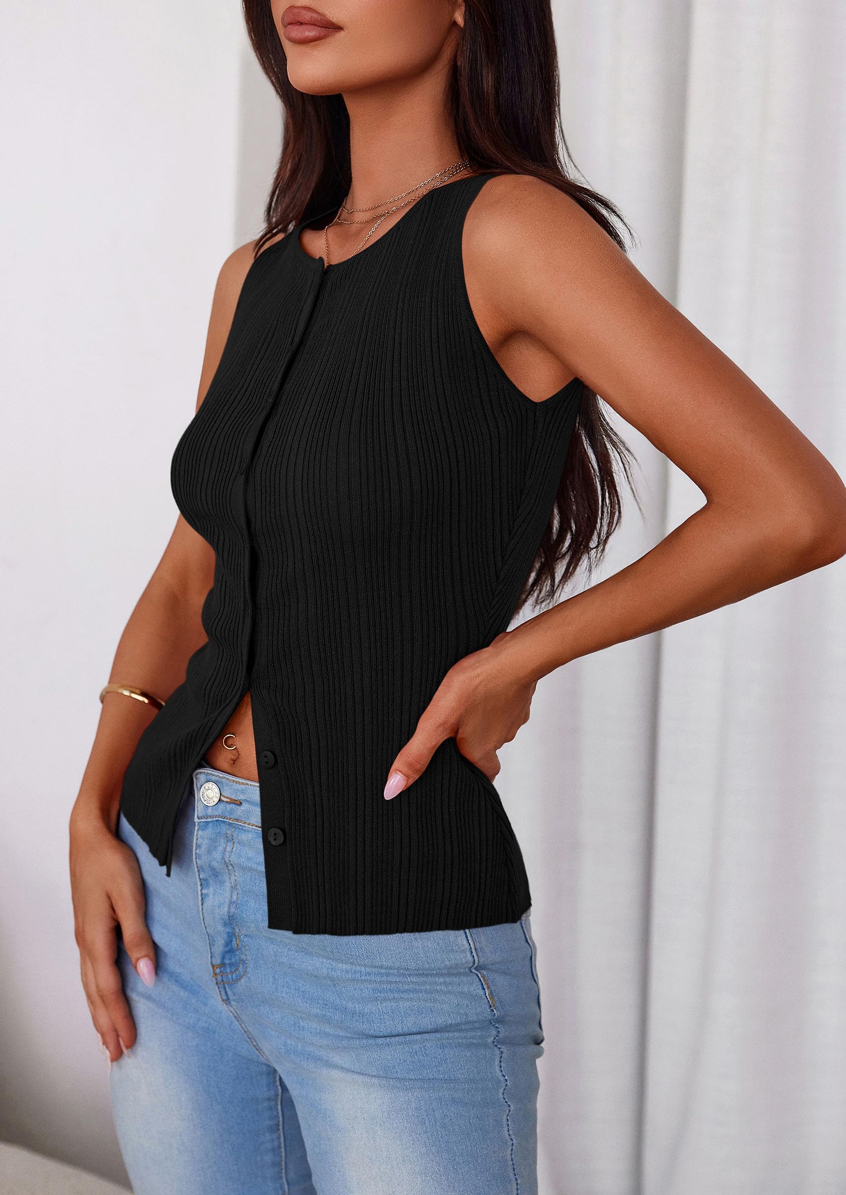 Sleeveless Button Down Shirts for Women Summer 2026 Going Out Ribbed Knit Tank Tops Y2K Clothes Trendy Vest Tops Black