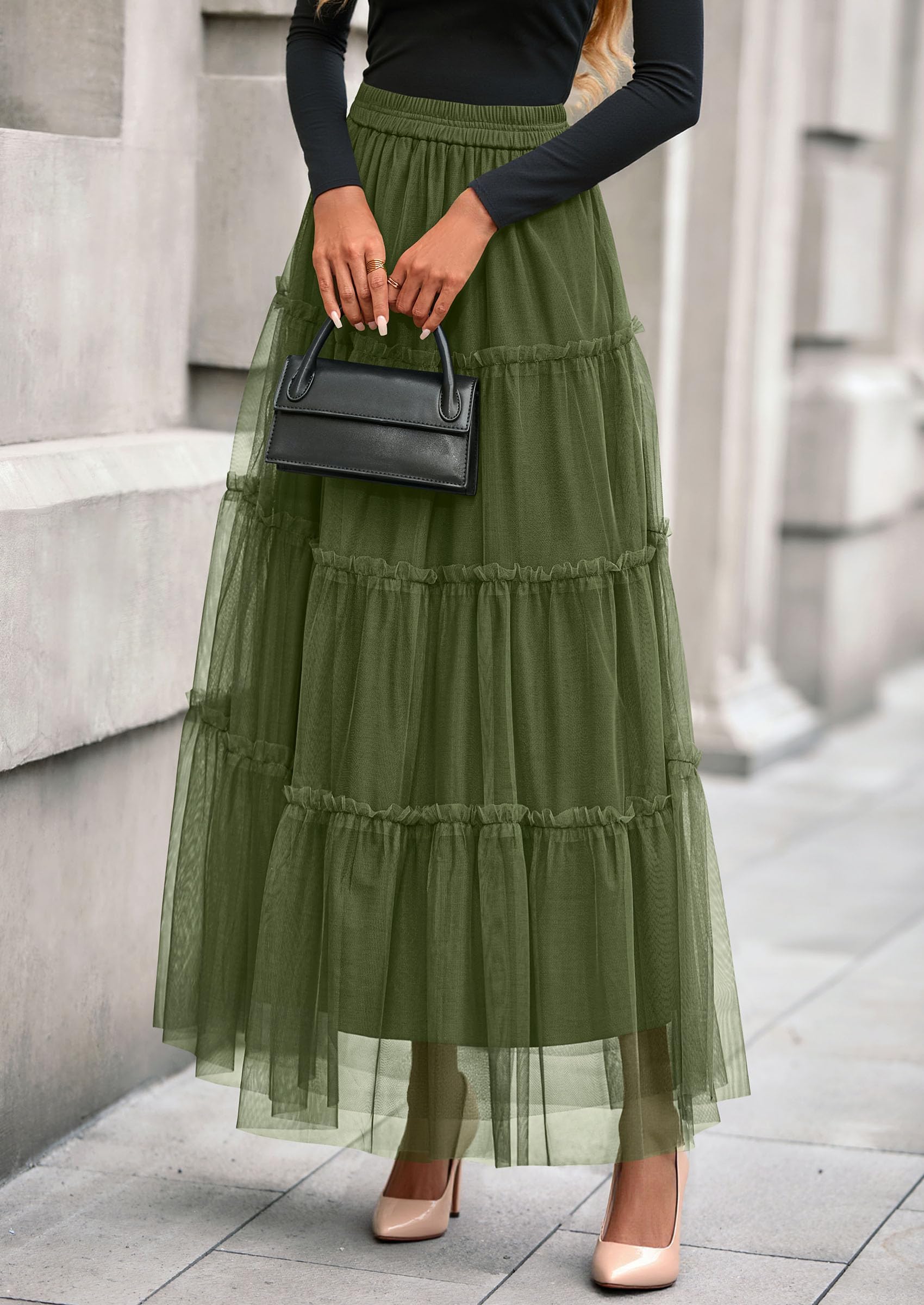 Women's Fall Soft Tulle Tiered Long Skirt,Army Green,S