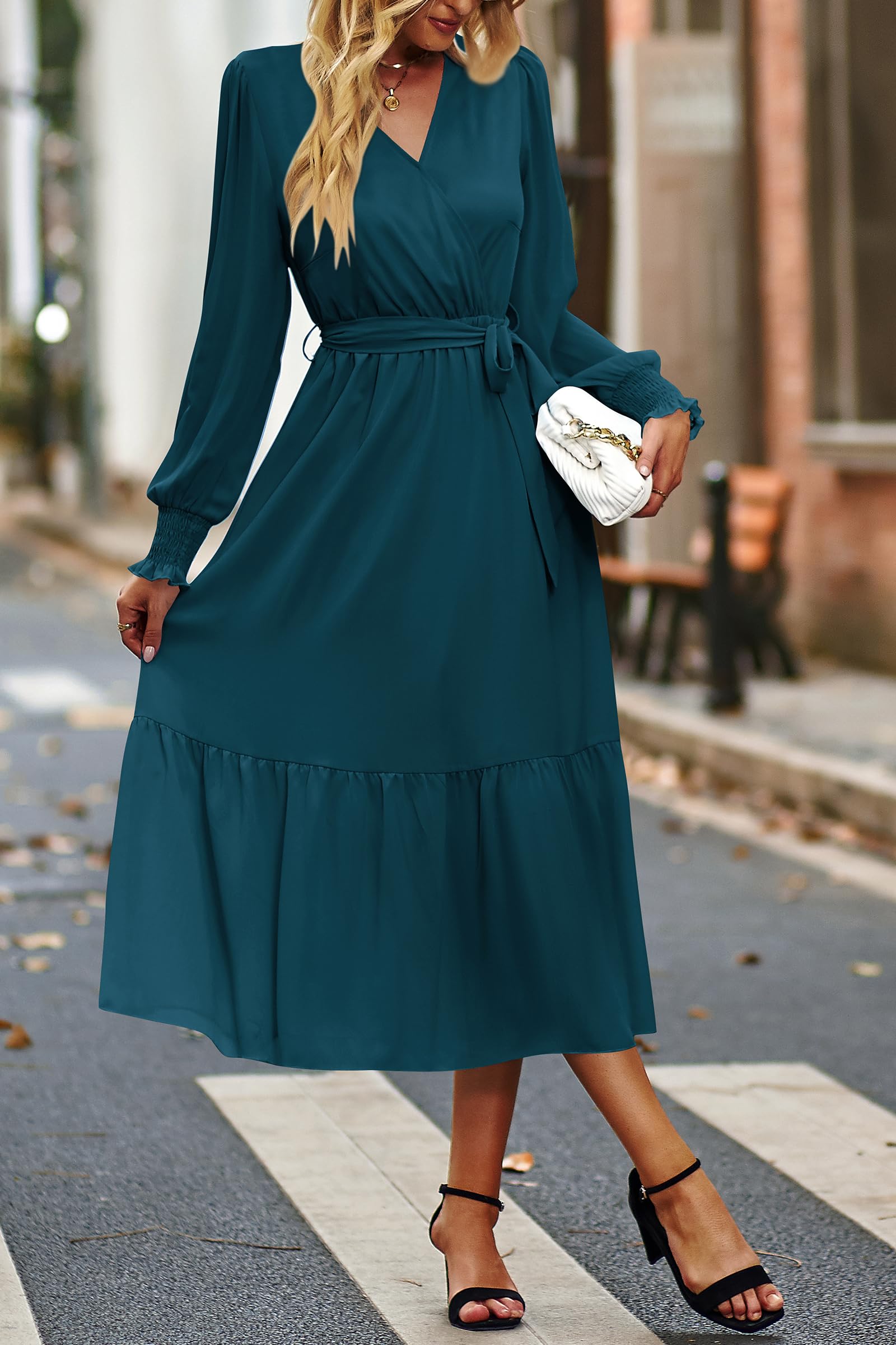Women's Boho Long Sleeve Maxi Dress, Solid Lake Blue,S