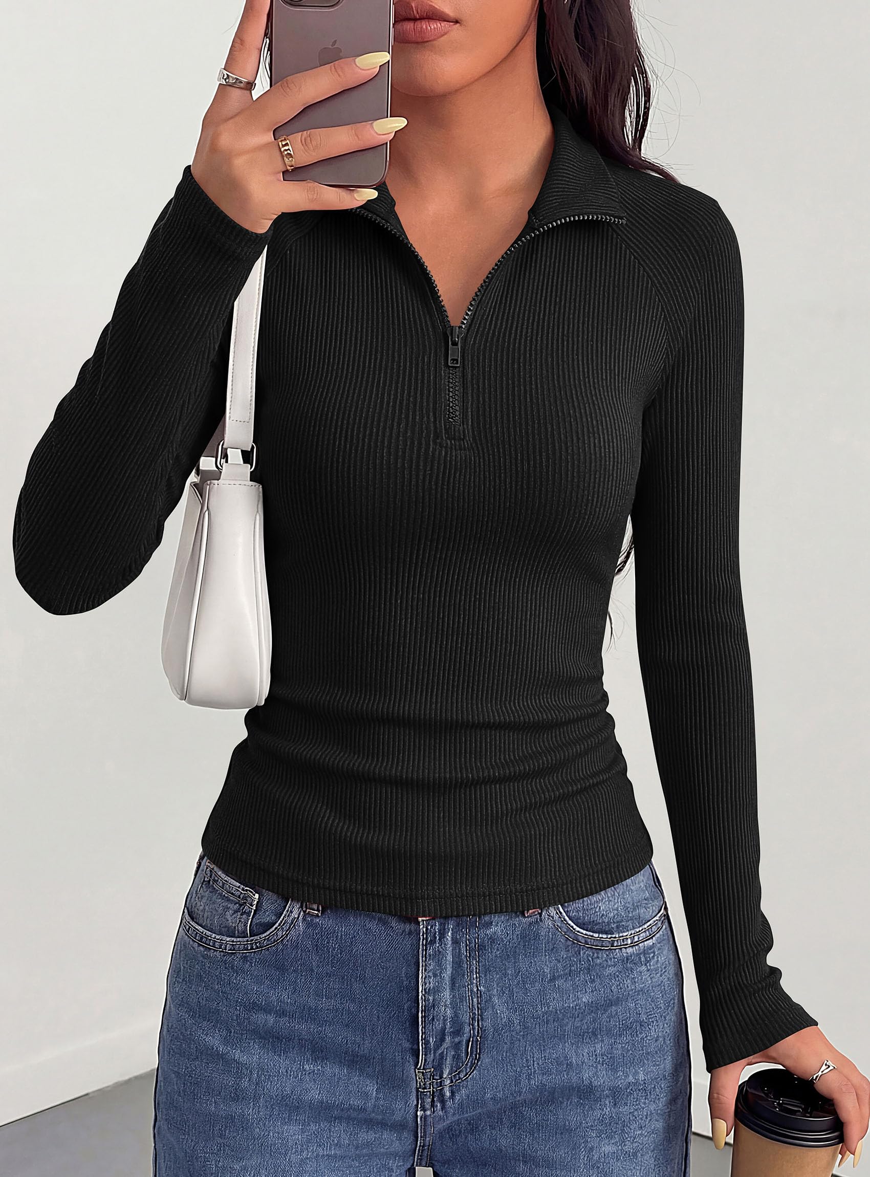 Women's Long Sleeve Shirts Fall Quarter Zip Up Pullover Tops