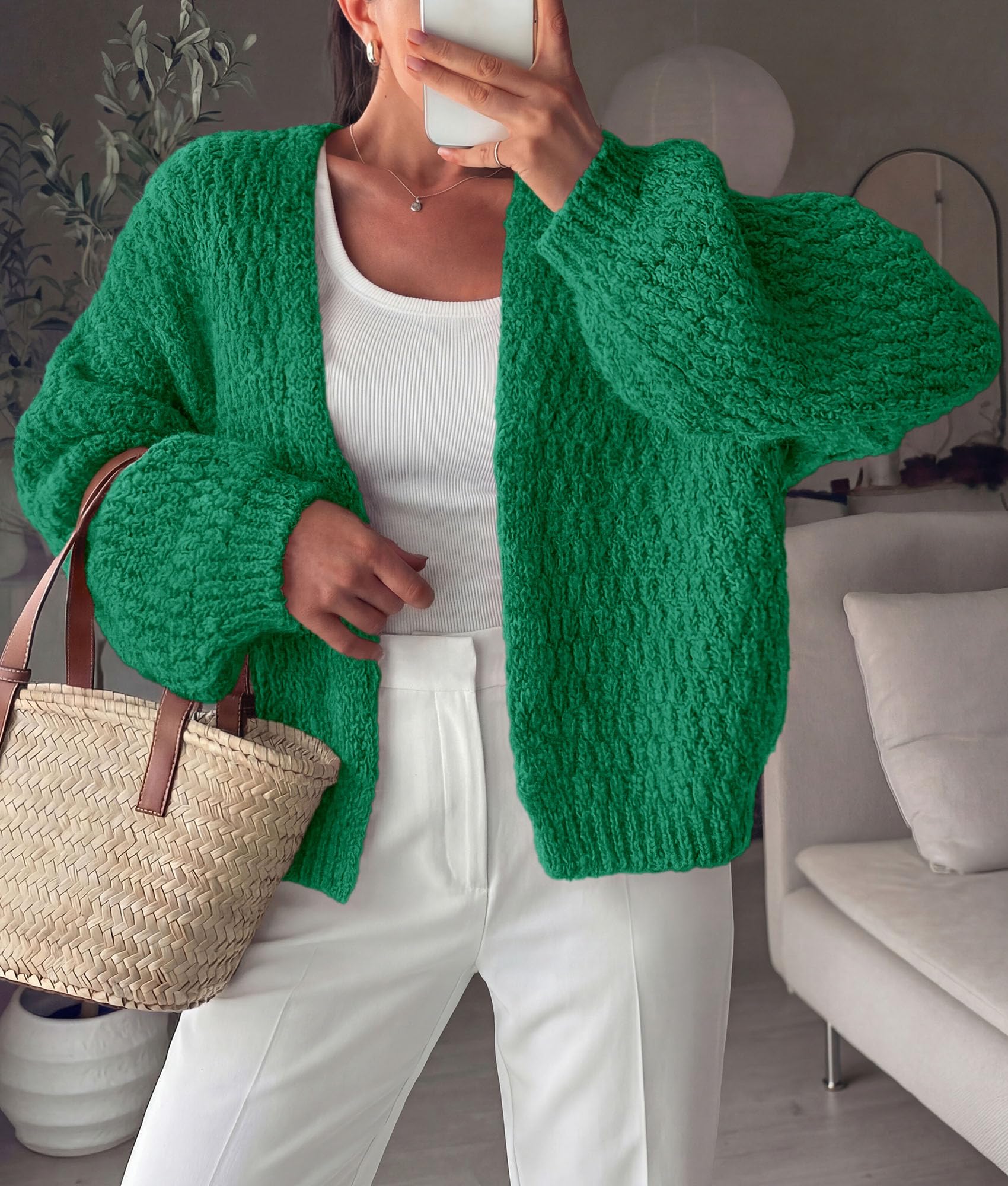 Women's Fall Cardigan Open Front Chunky Sweaters Green S