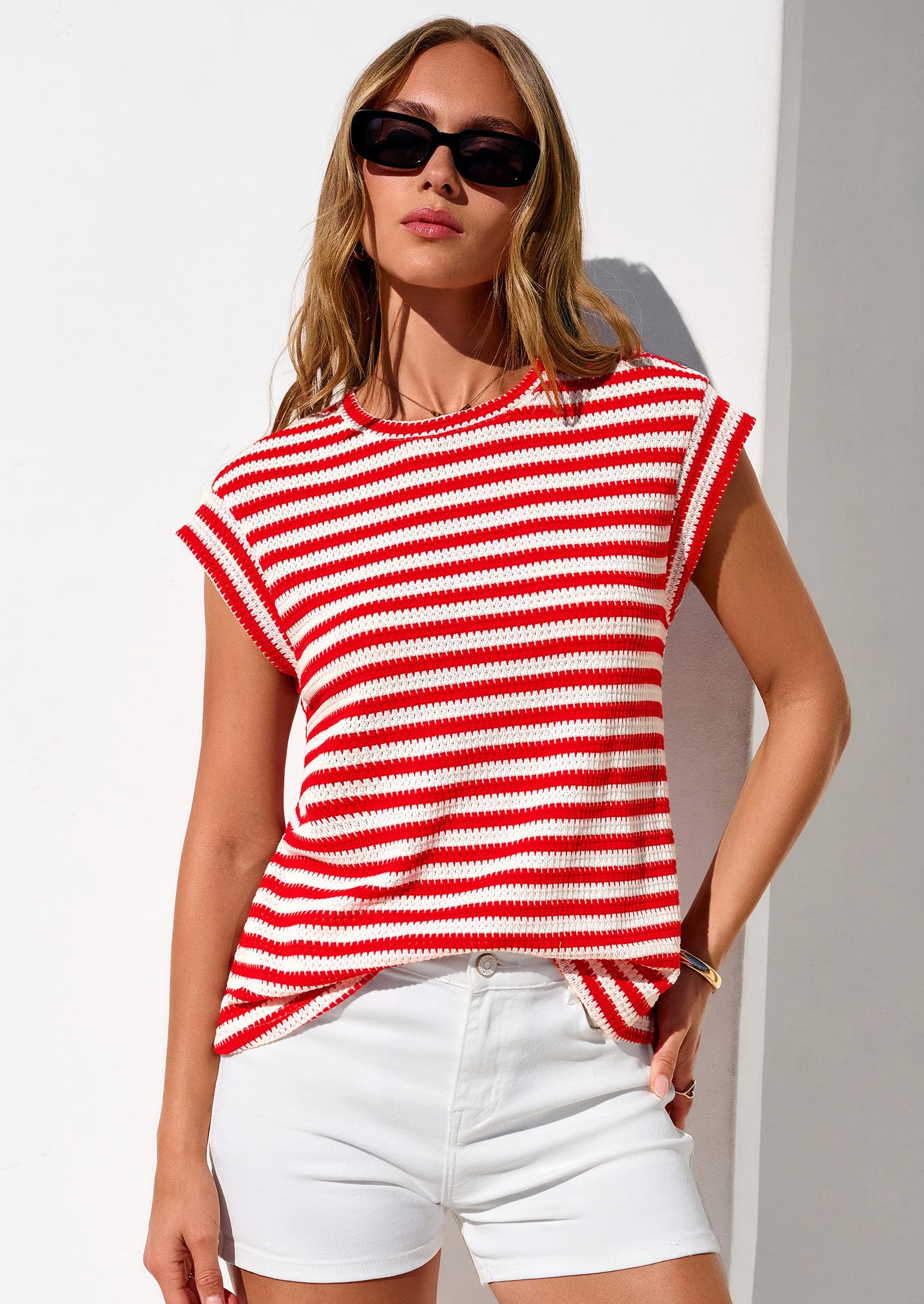 Women's Striped Knit Vest Tops, Striped Red White,S