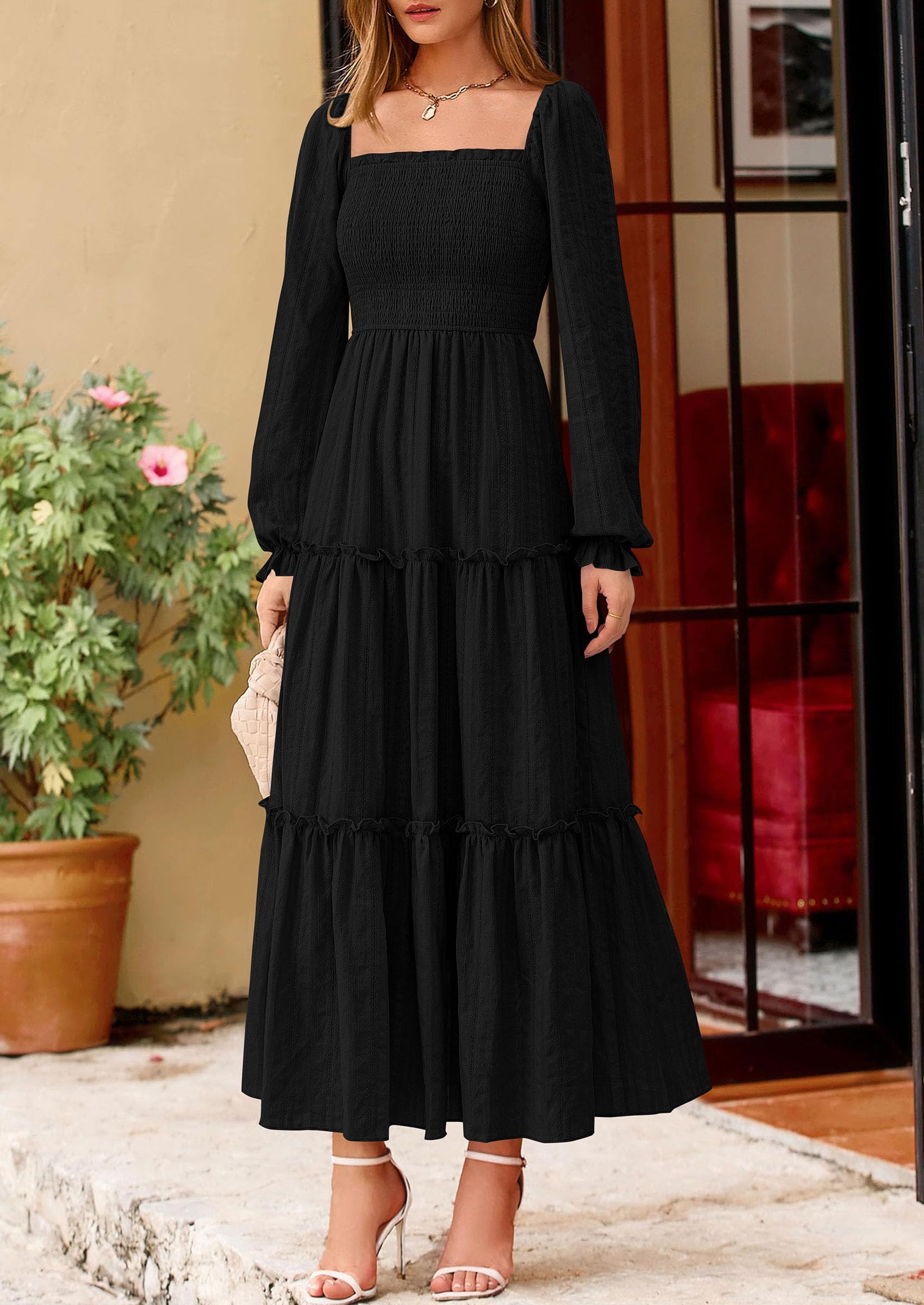 Women's Long Sleeve Ruffle Flowy Maxi Dress,Black,S