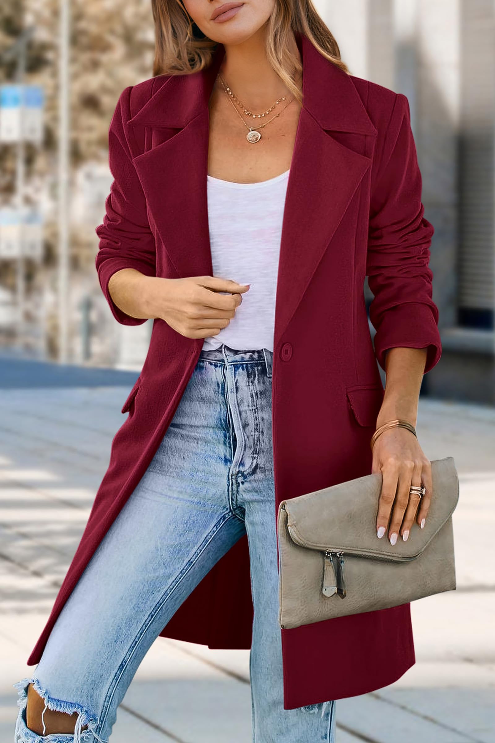 Women's Business Casual Long Blazer Jackets(Wine Red,S)