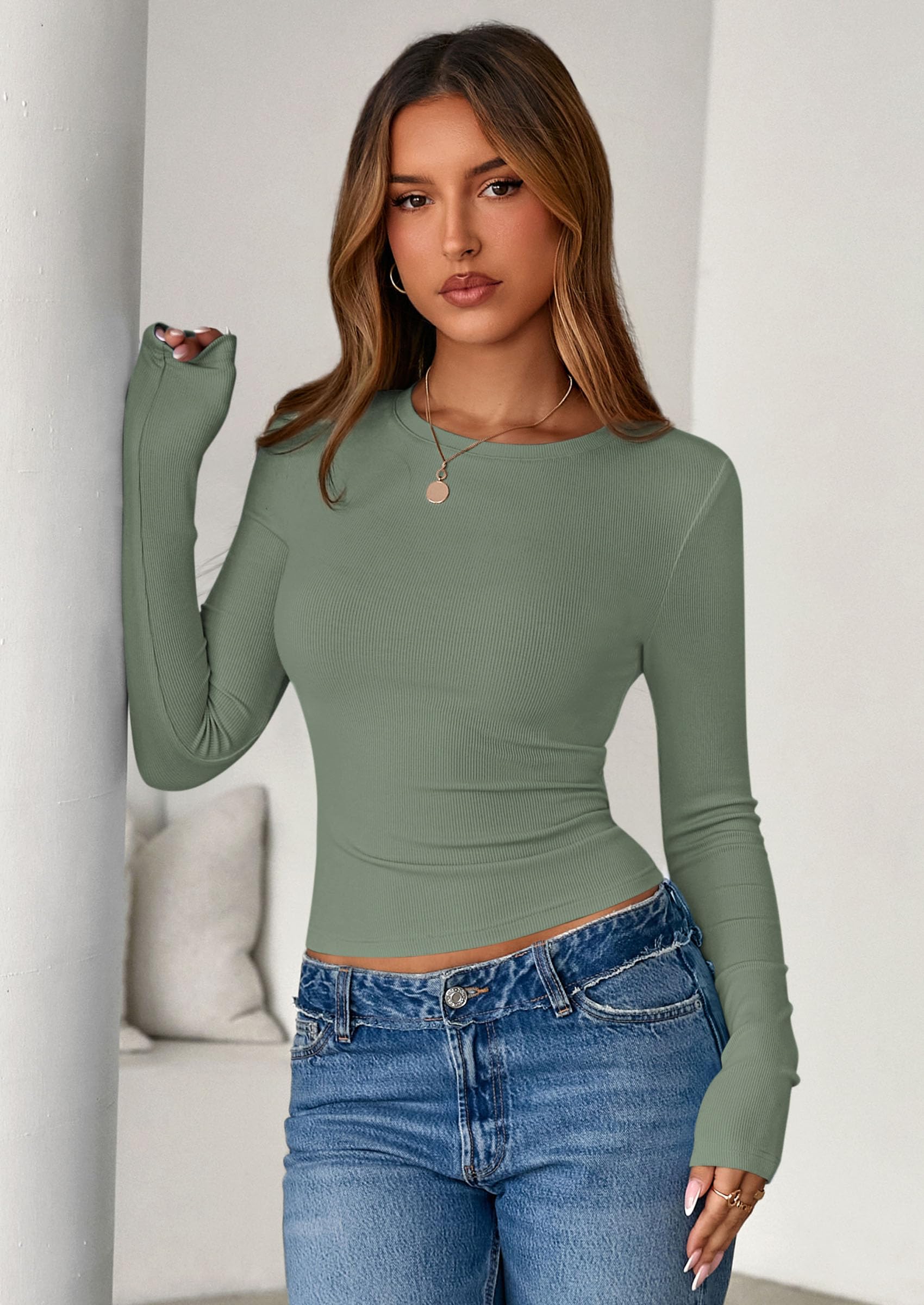 Women's Fall Long Sleeve Shirts Basic Tees (Sage Green,XS)