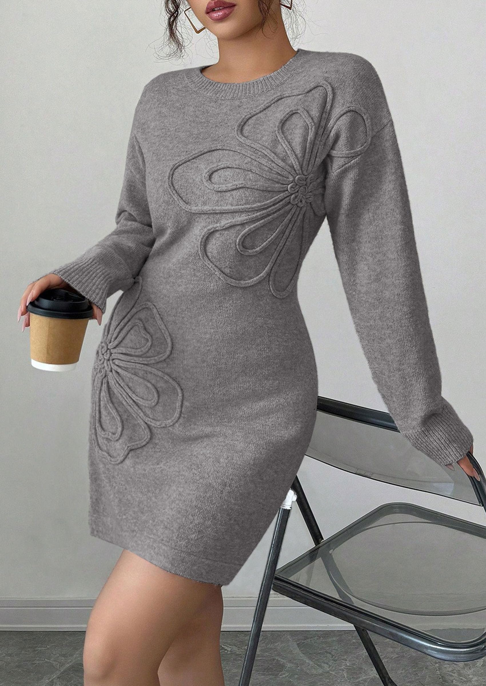 Women's Embroidered Long Sleeve Bodycon Mini Sweater Dress