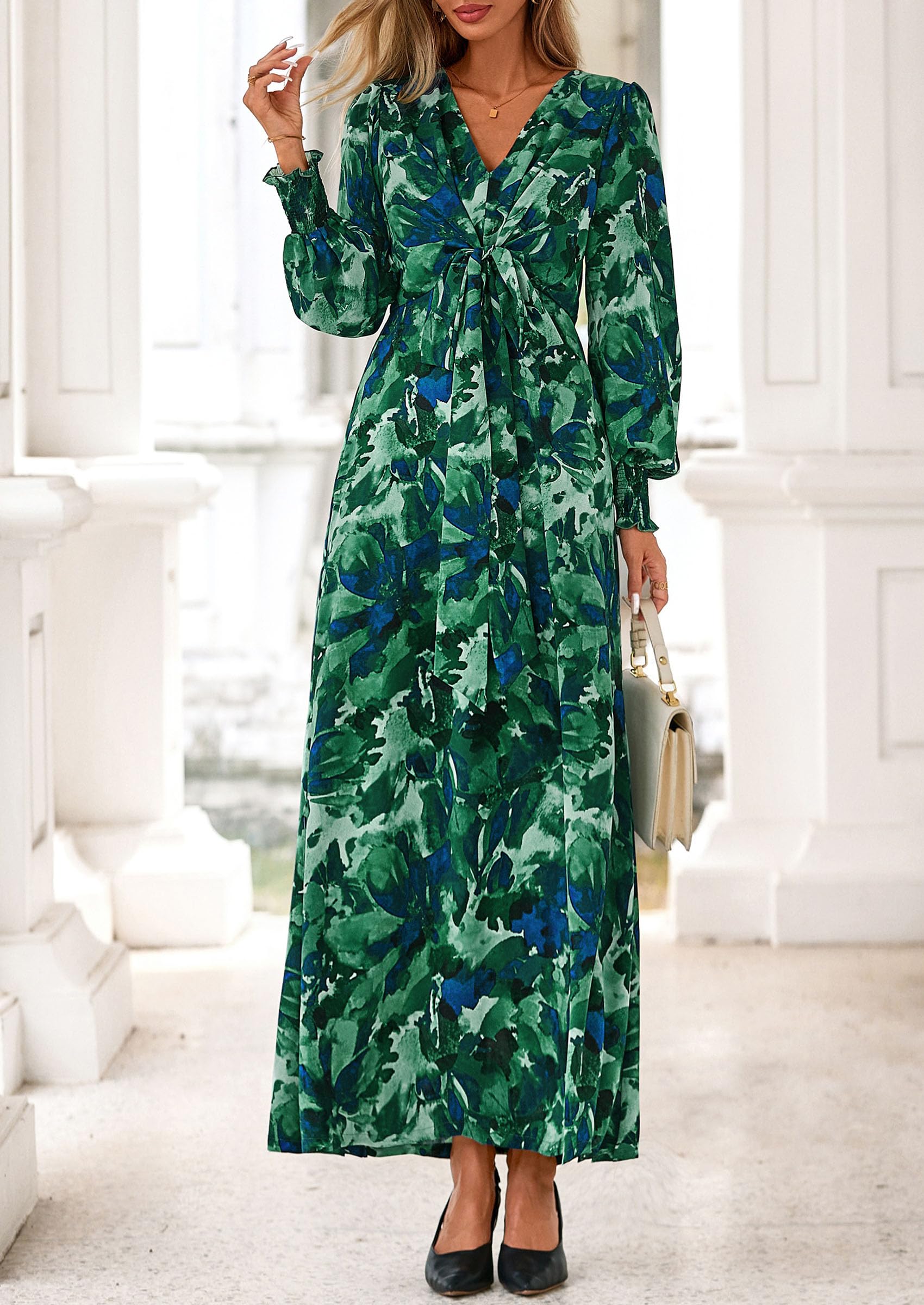 Women's Tie Waist Floral Maxi Dress,Floral Green,XL