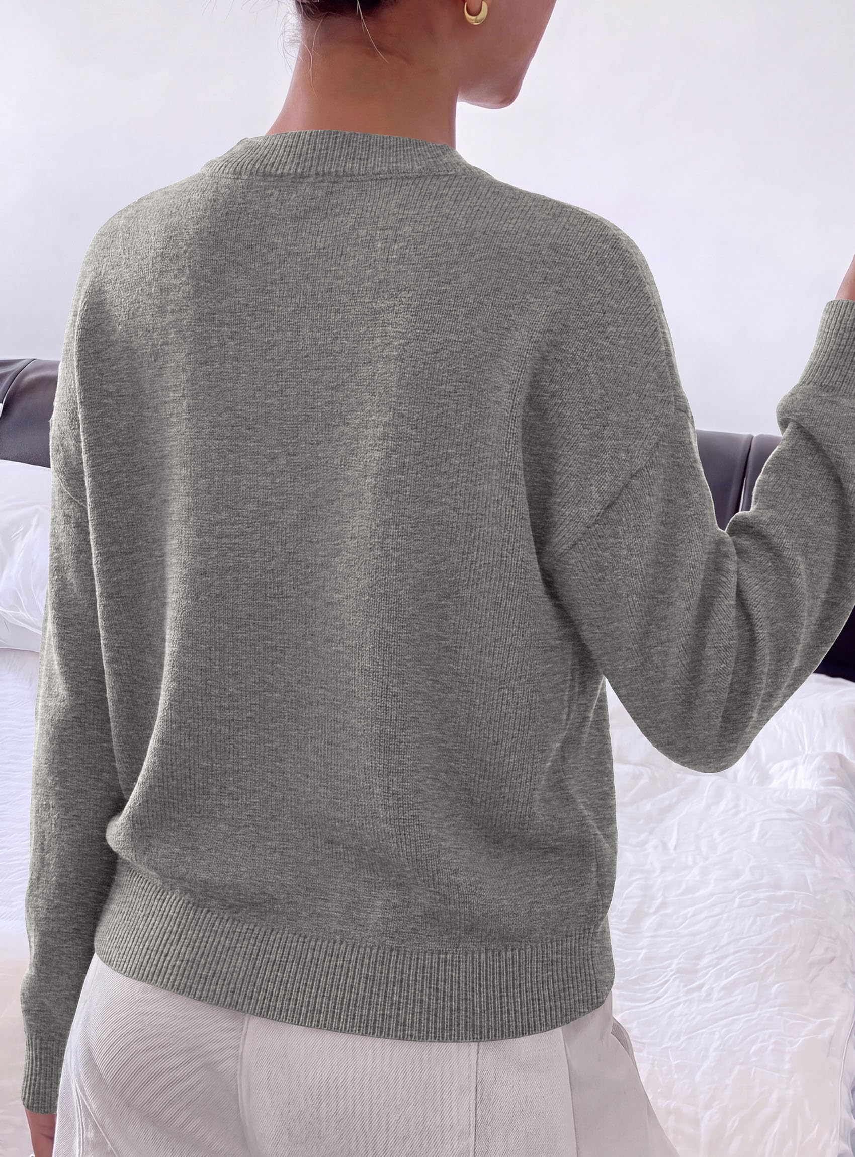 Womens Sweaters Floral Long Sleeve Knit Tops,Grey,L