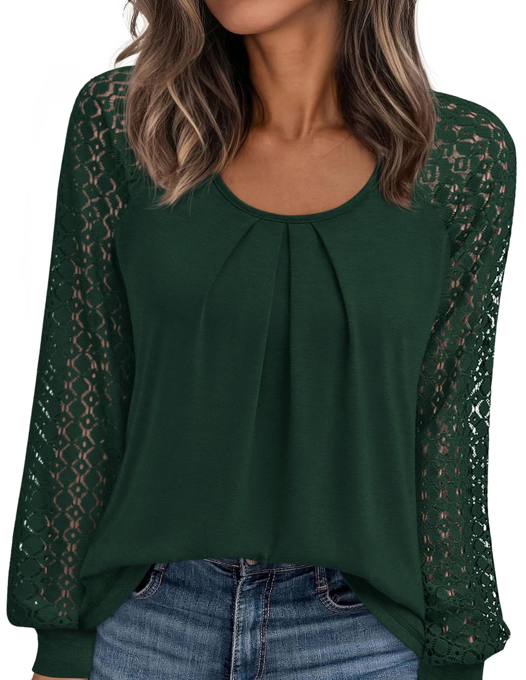 Women's Long Sleeve Shirts Fall Lace Tops,Dark Green,S