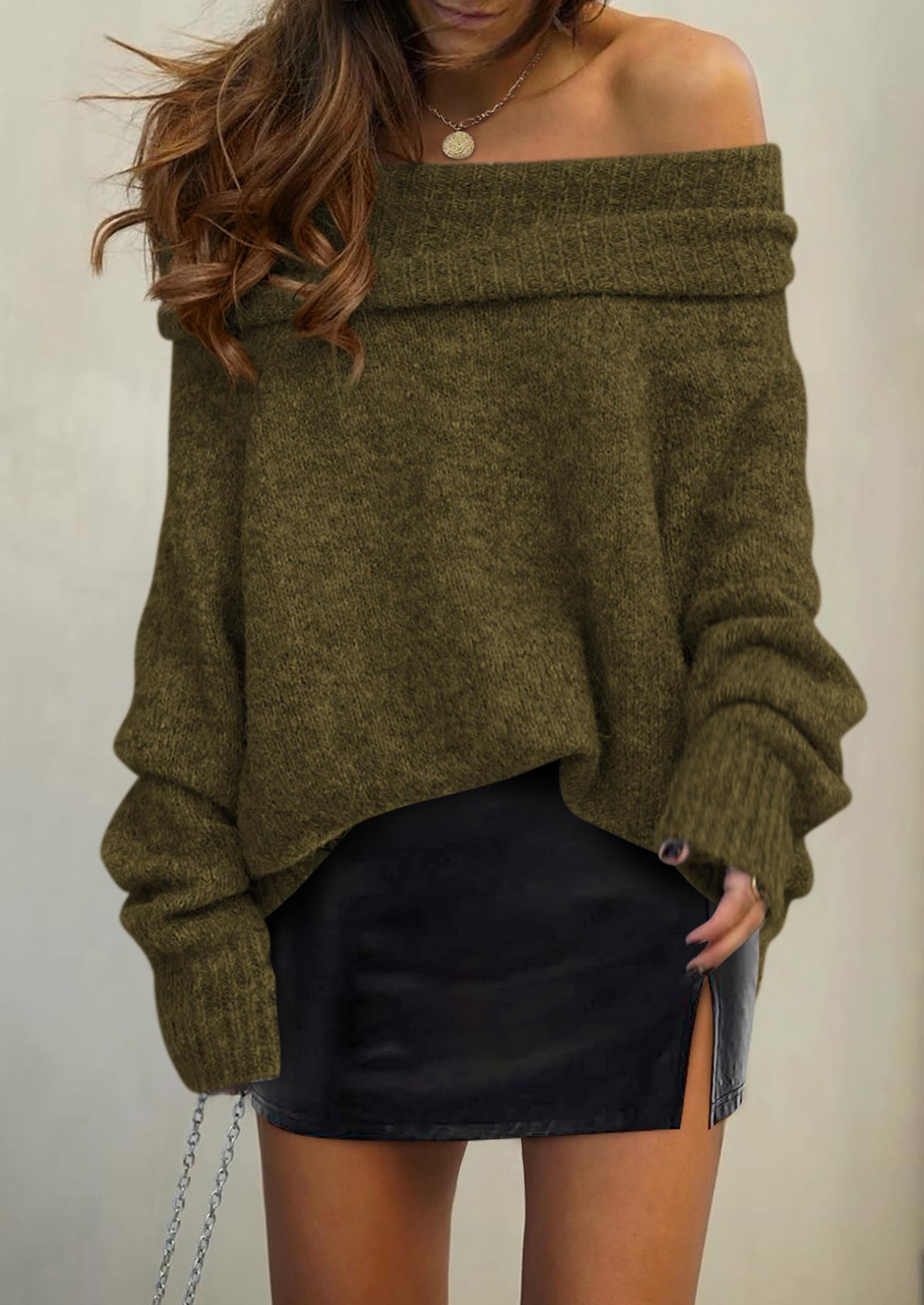 Women's Fall Off The Shoulder Sweater,Army Green,S