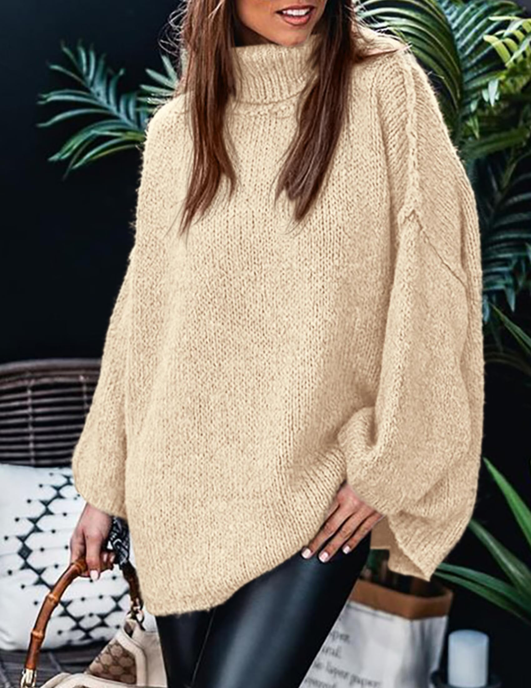 Womens Turtleneck Long Sleeve Oversized Sweaters,Beige,S